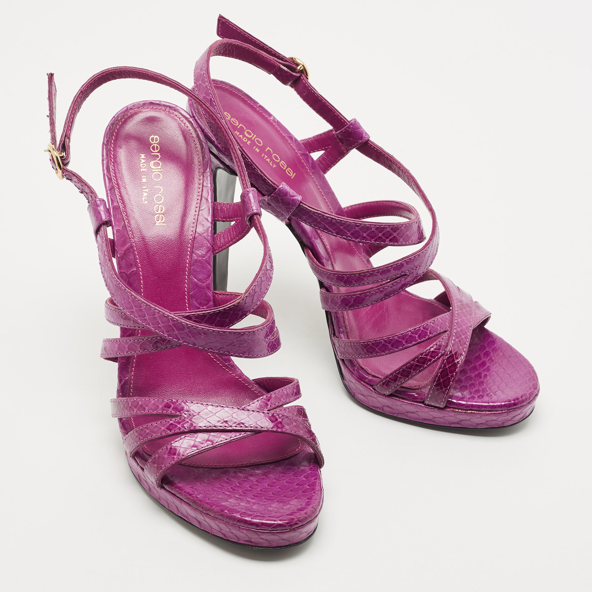 Sergio Rossi Purple Watersnake Leather Strappy Platform Sandals Size 39