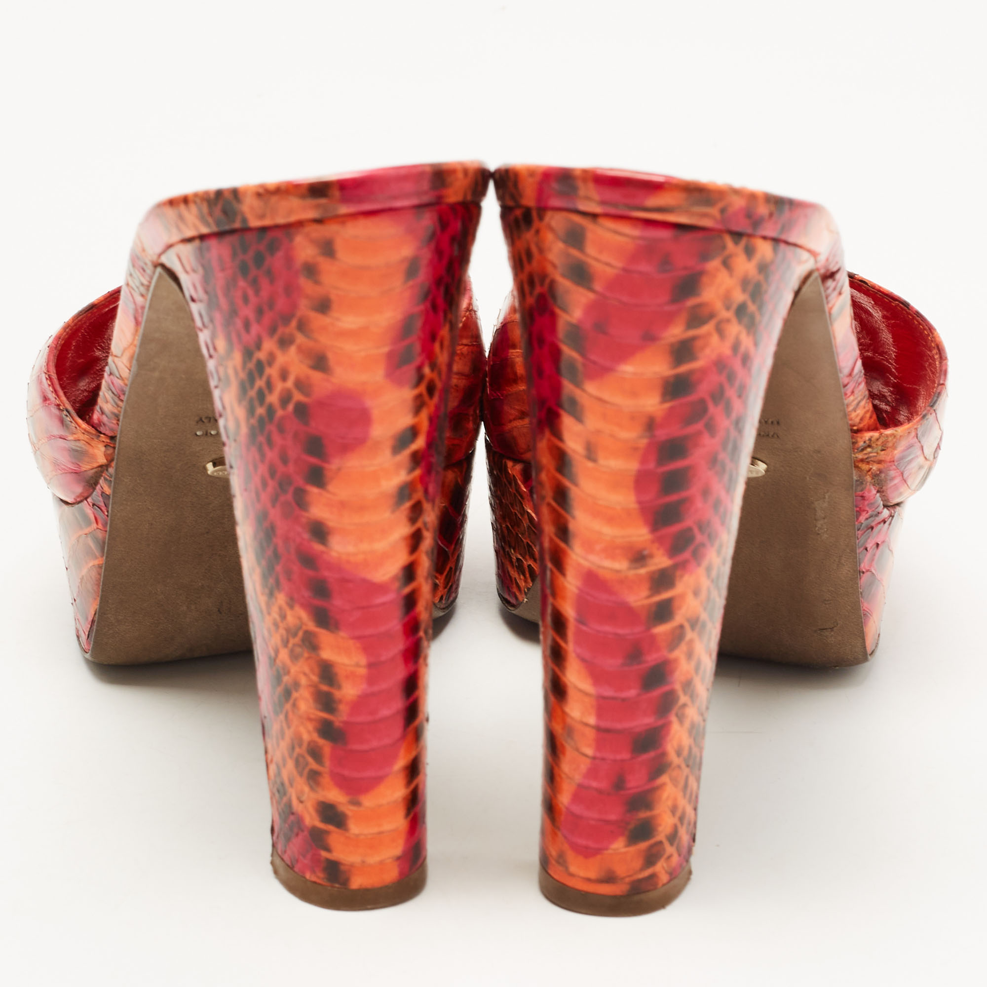 Sergio Rossi Orange/Pink Watersnake Leather Platform Slide Sandals Size 41