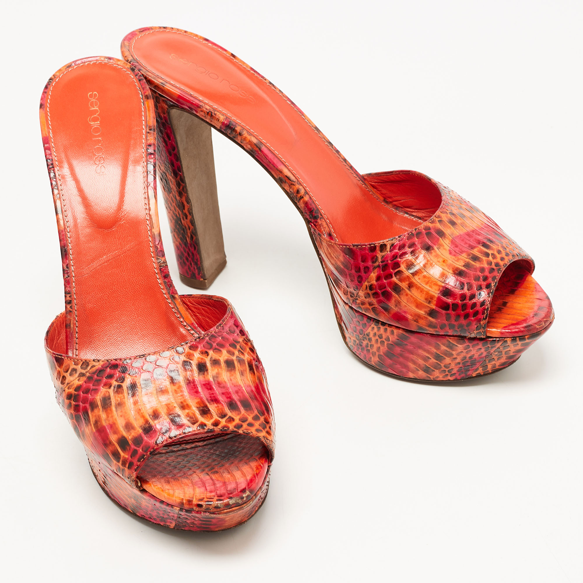 Sergio Rossi Orange/Pink Watersnake Leather Platform Slide Sandals Size 41