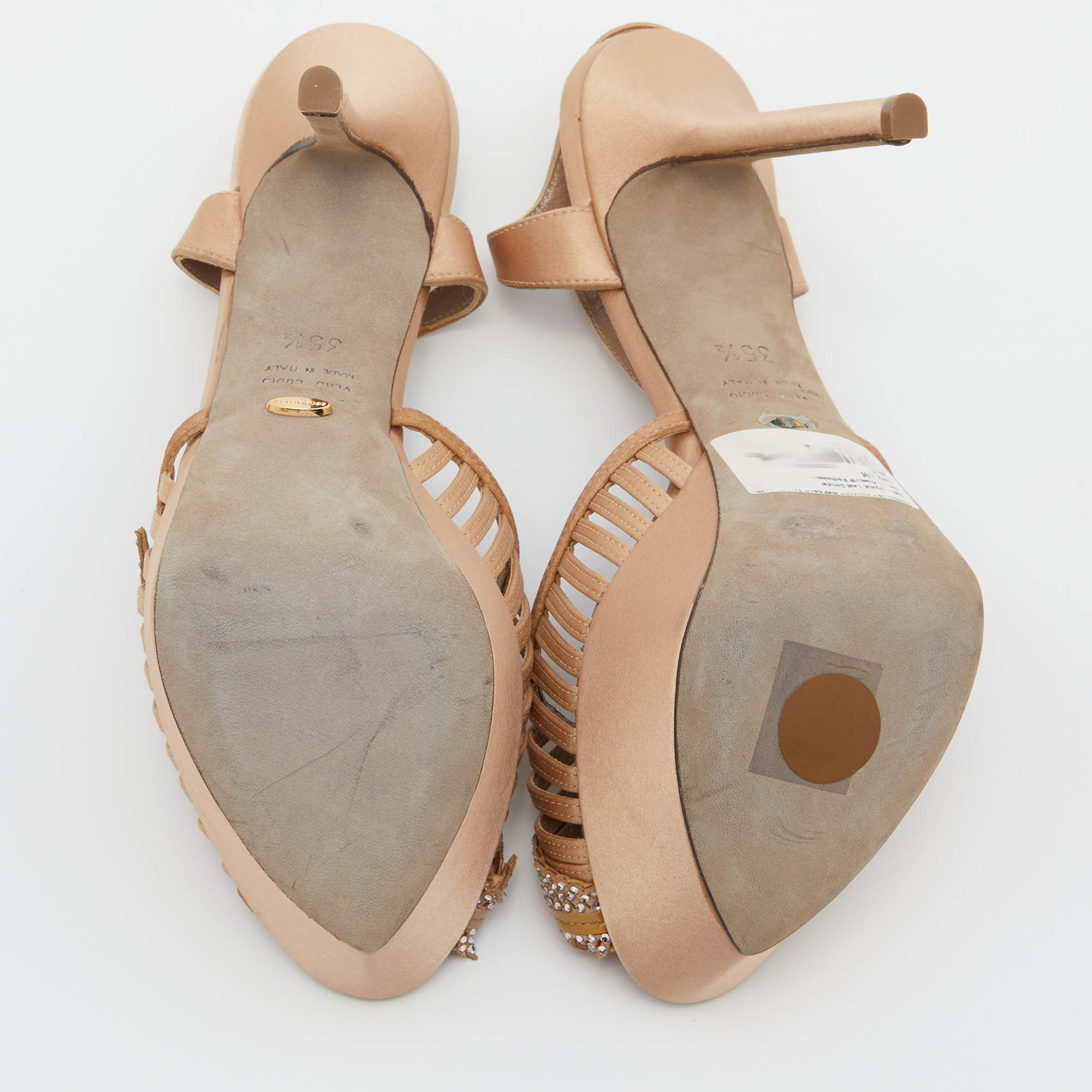 Sergio Rossi Light Brown Satin Crystal Embellished Ankle Strap Sandals Size 35.5