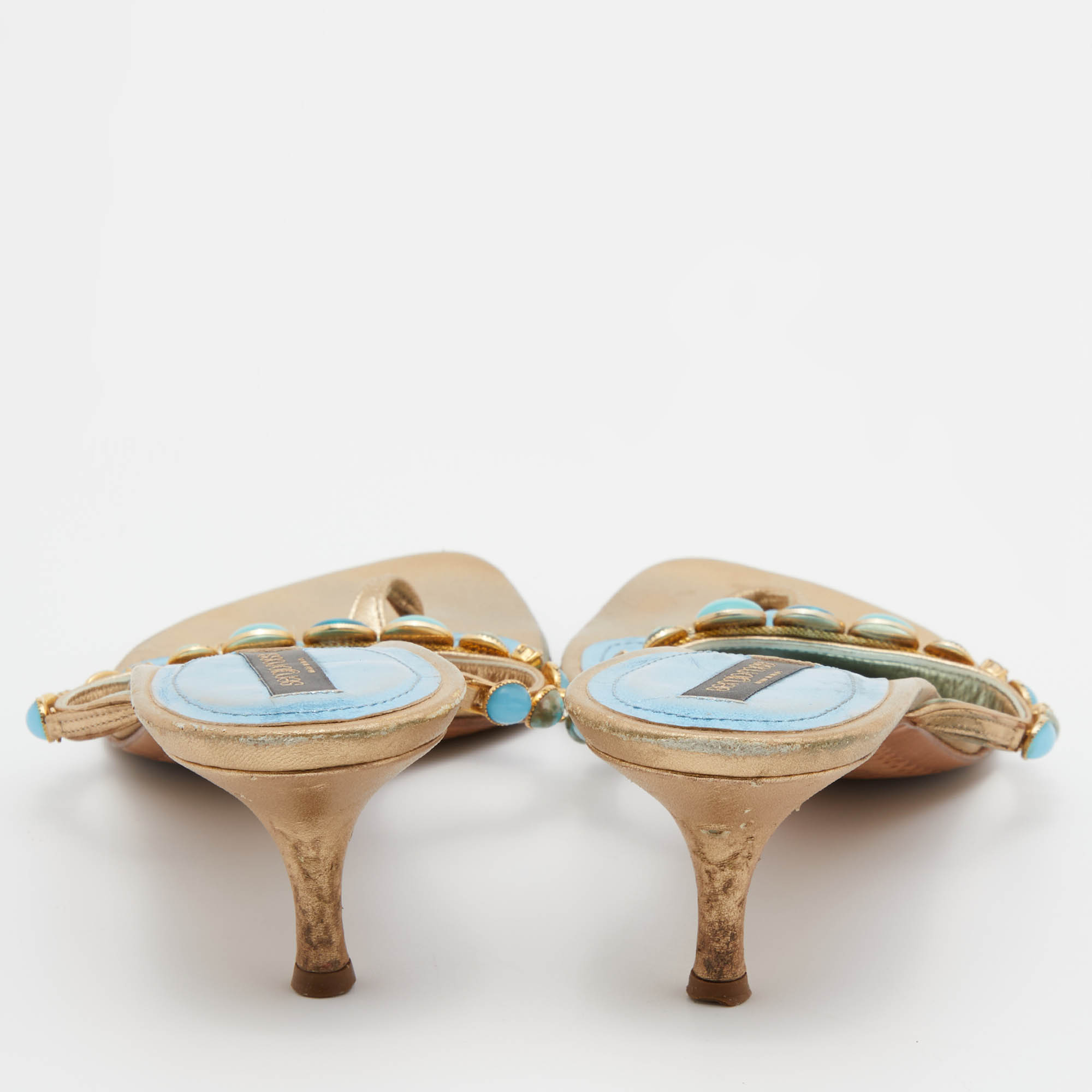 Sergio Rossi Gold Leather Crystal Embellished Slide Sandals Size 38.5