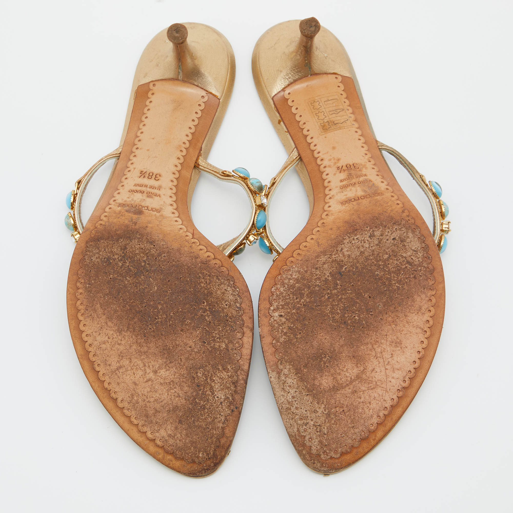 Sergio Rossi Gold Leather Crystal Embellished Slide Sandals Size 38.5