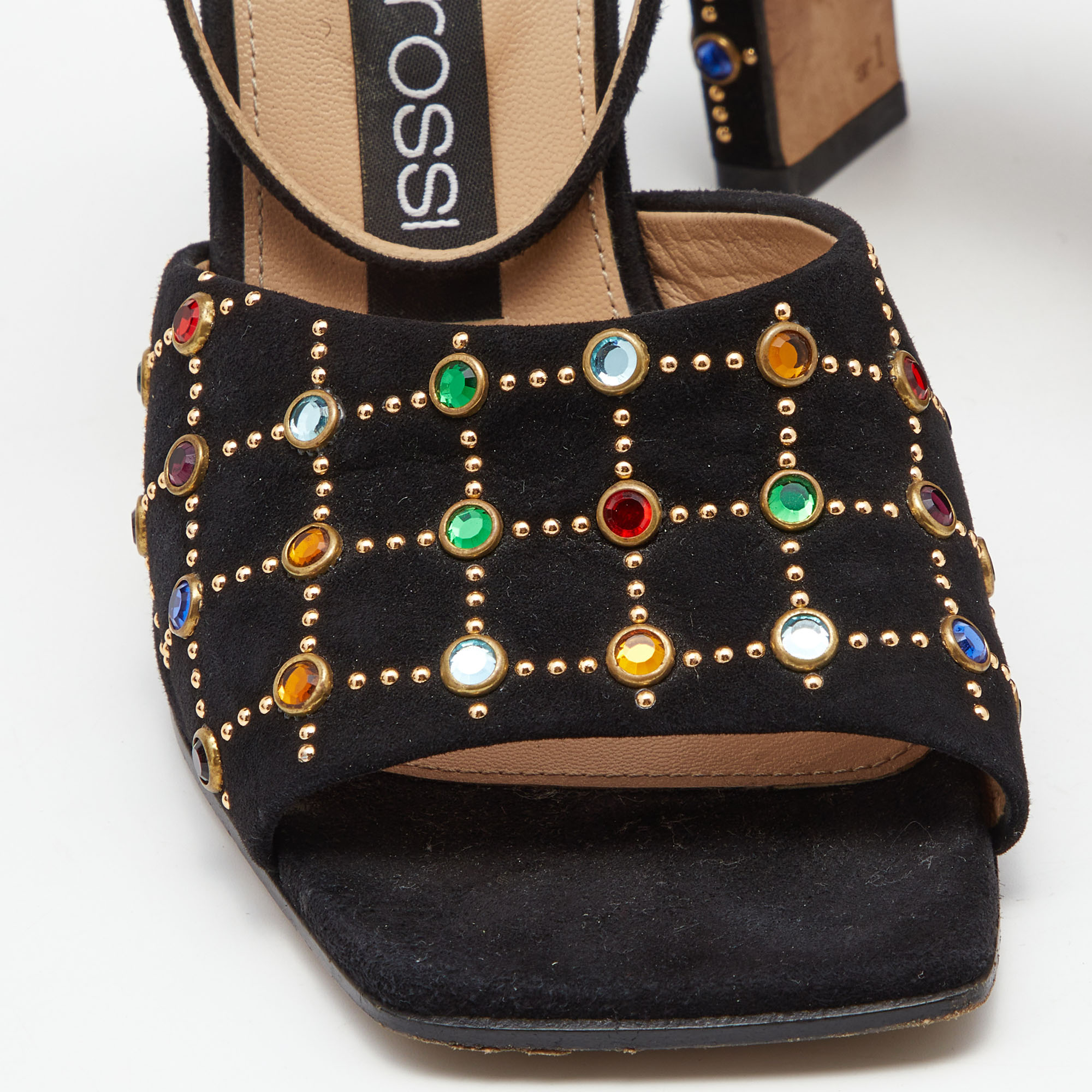 Sergio Rossi Black Suede Crystal Embellished Ankle Strap Sandals Size 37.5