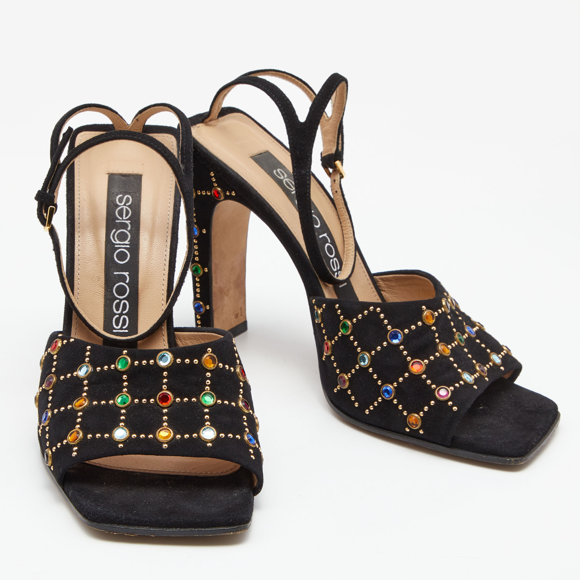 Sergio Rossi Black Suede Crystal Embellished Ankle Strap Sandals Size 37.5