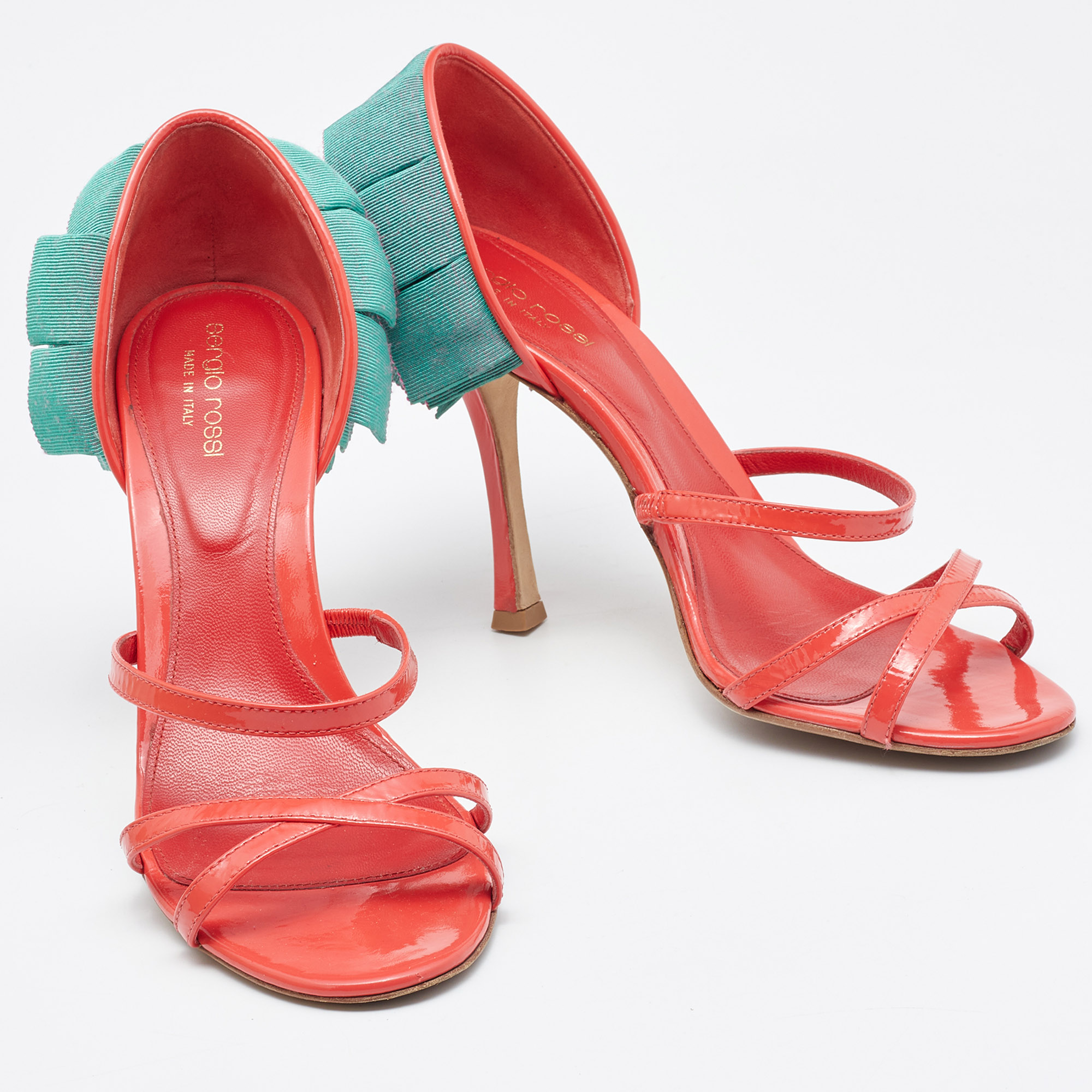 Sergio Rossi Coral/Green Patent Leather Strappy Sandals Size 39
