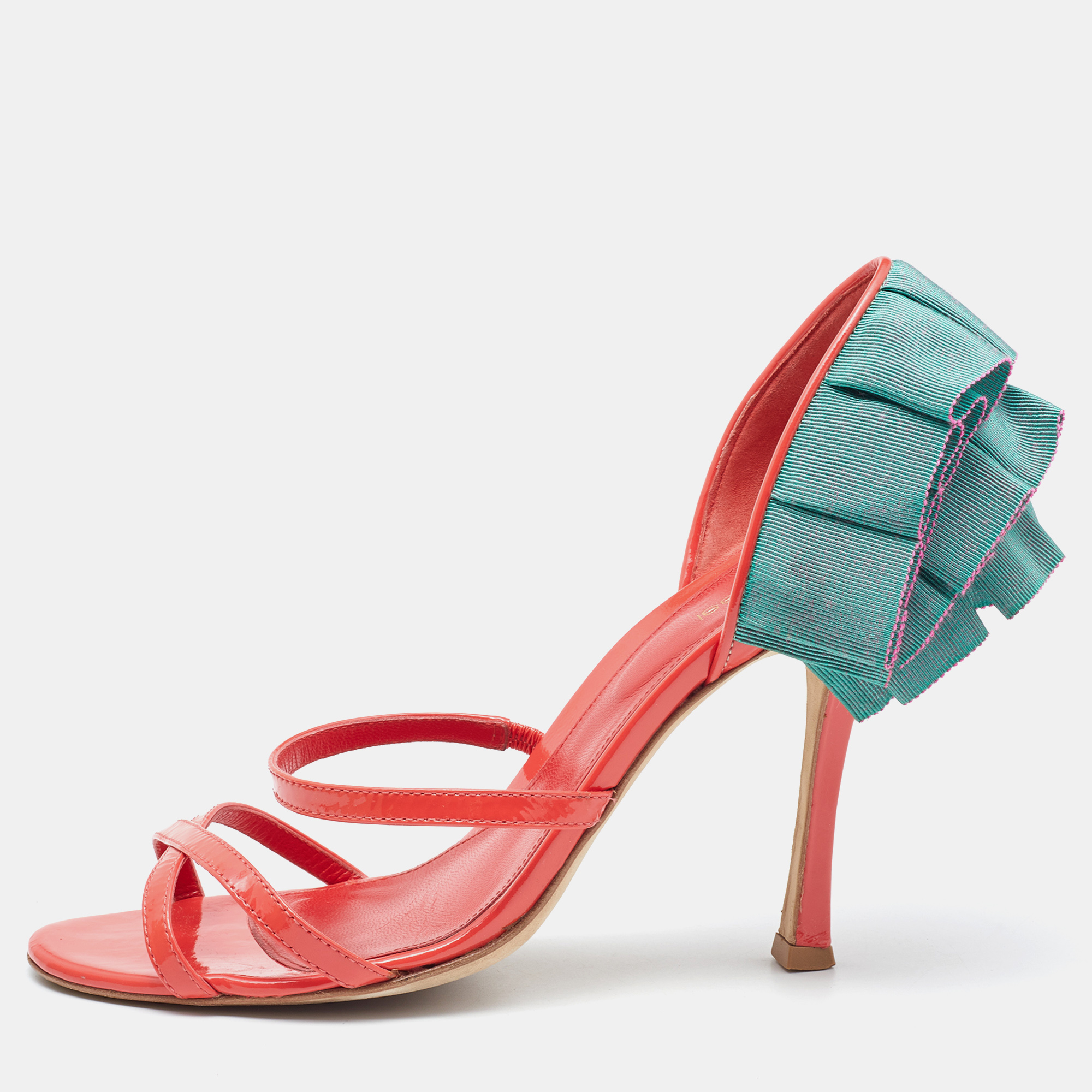 Sergio Rossi Coral/Green Patent Leather Strappy Sandals Size 39