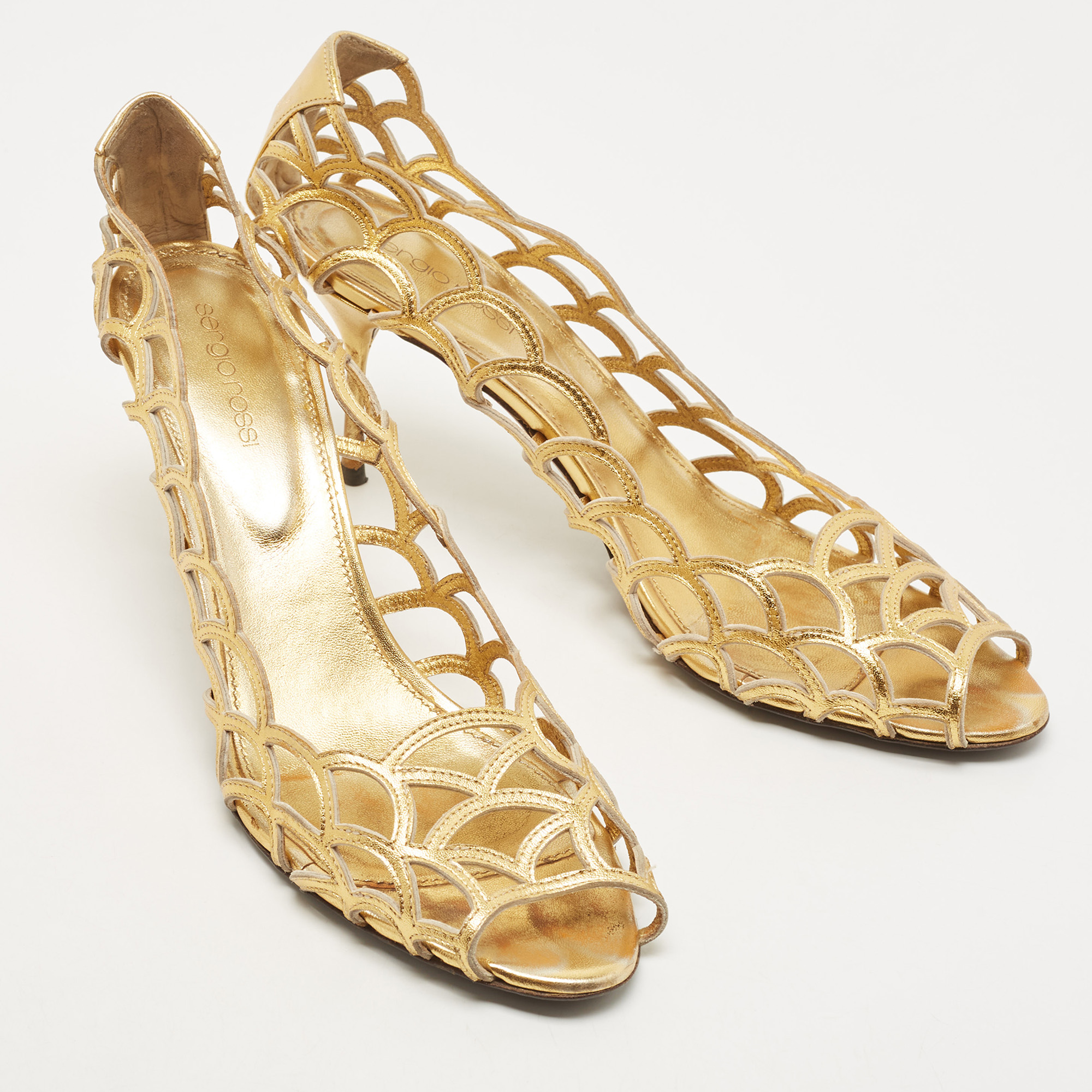 Sergio Rossi Metallic Gold Leather Laser Cut Peep Toe Pumps Size 41.5