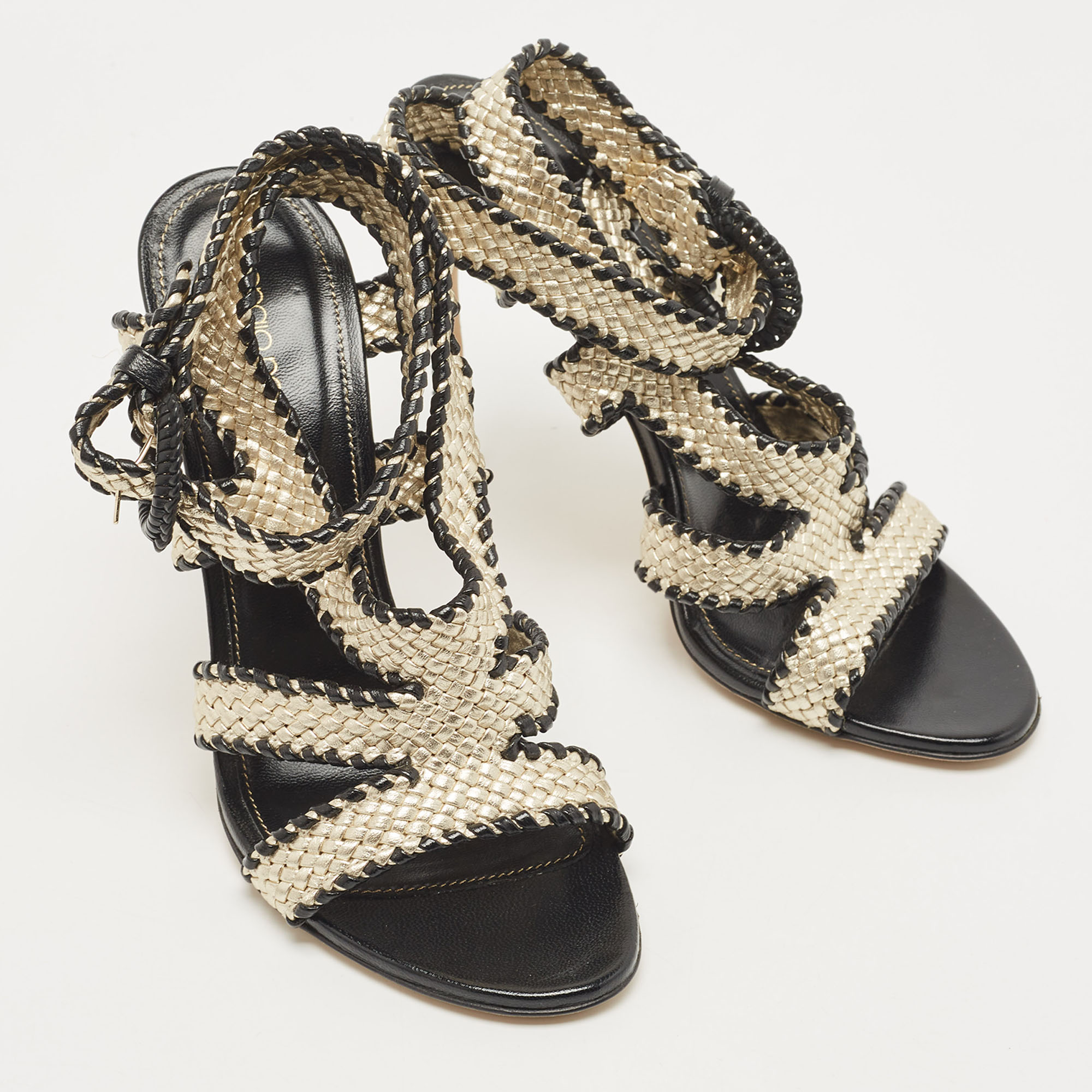 Sergio Rossi Two Tone Woven Leather Ankle Wrap Sandals Size 39