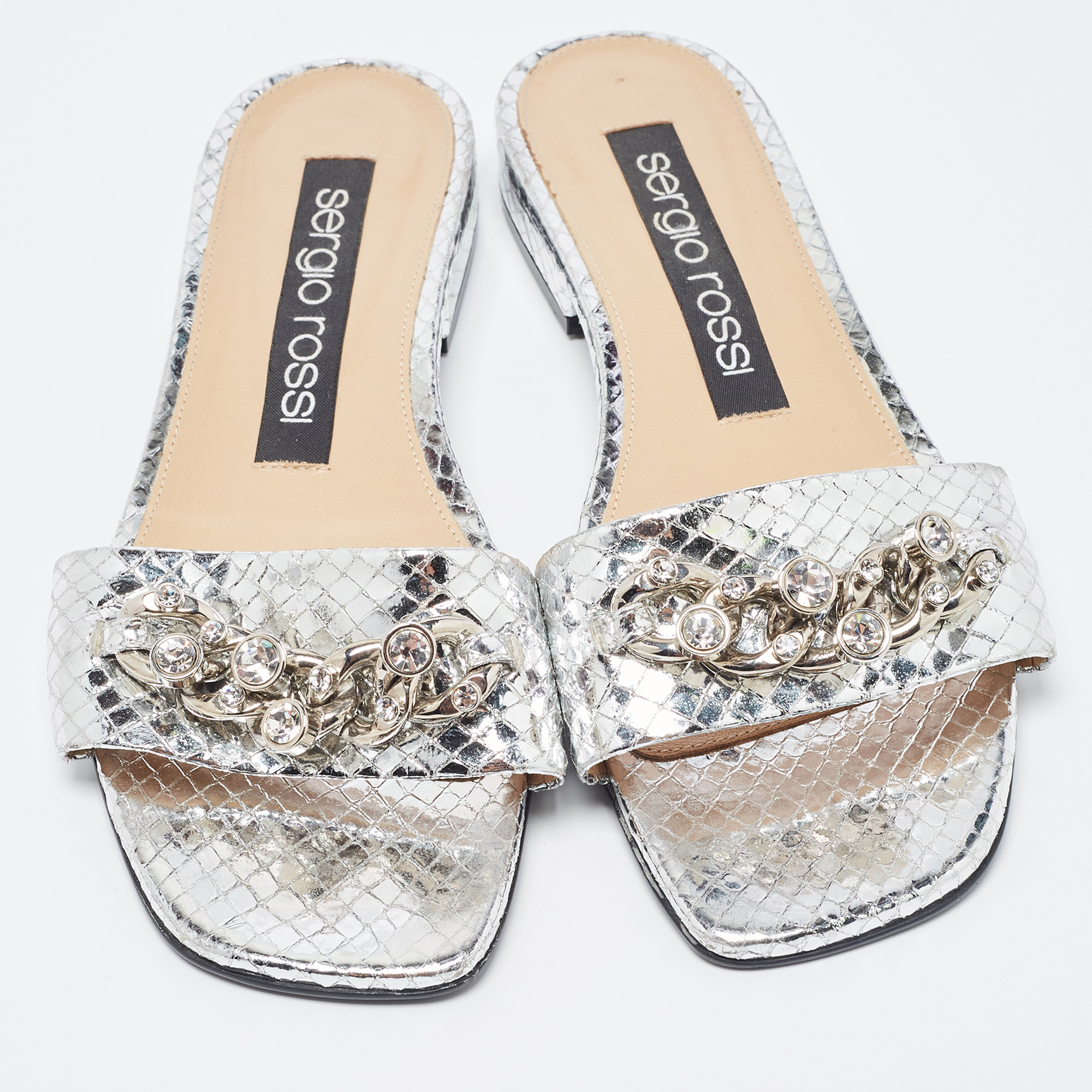 Sergio Rossi Silver Python Embossed Slides Size 38