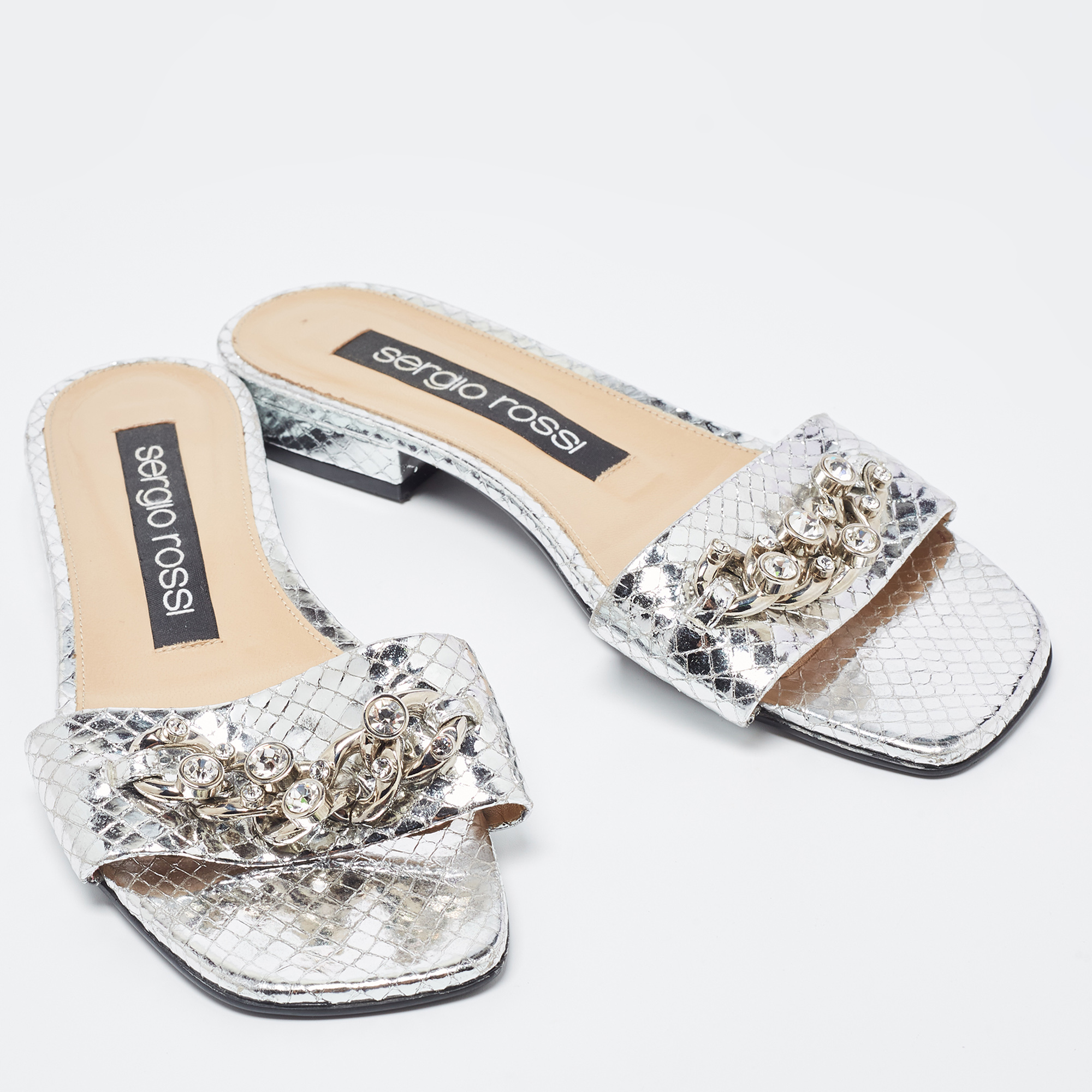 Sergio Rossi Silver Python Embossed Slides Size 38