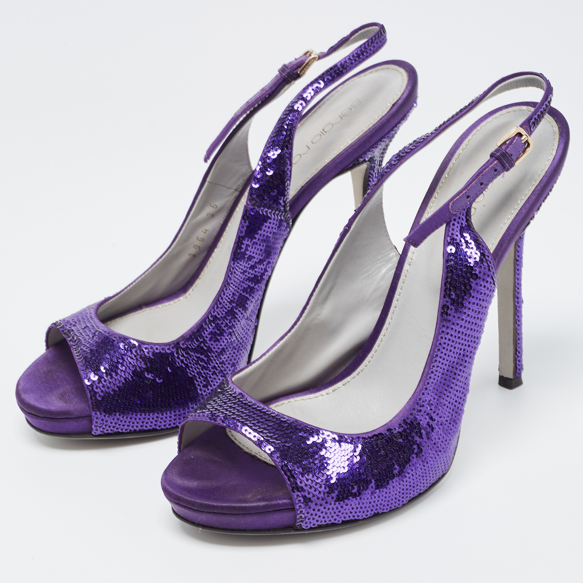 Sergio Rossi Purple Sequin And Satin Slingback Sandals Size 36