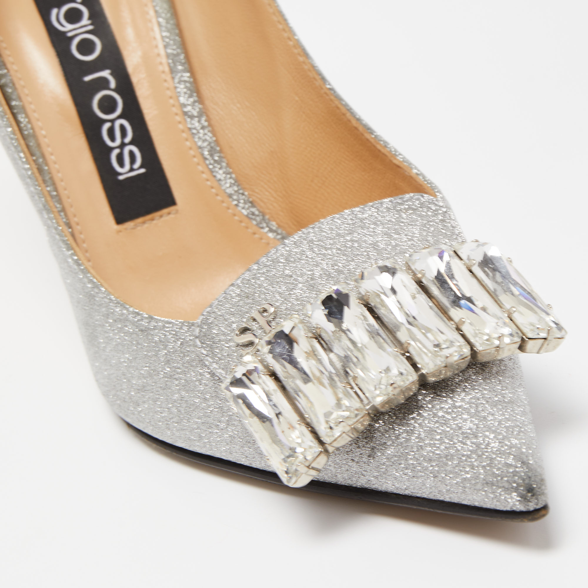 Sergio Rossi Silver Glitter Crystal Embellished Pointed Toe Pumps Size 37