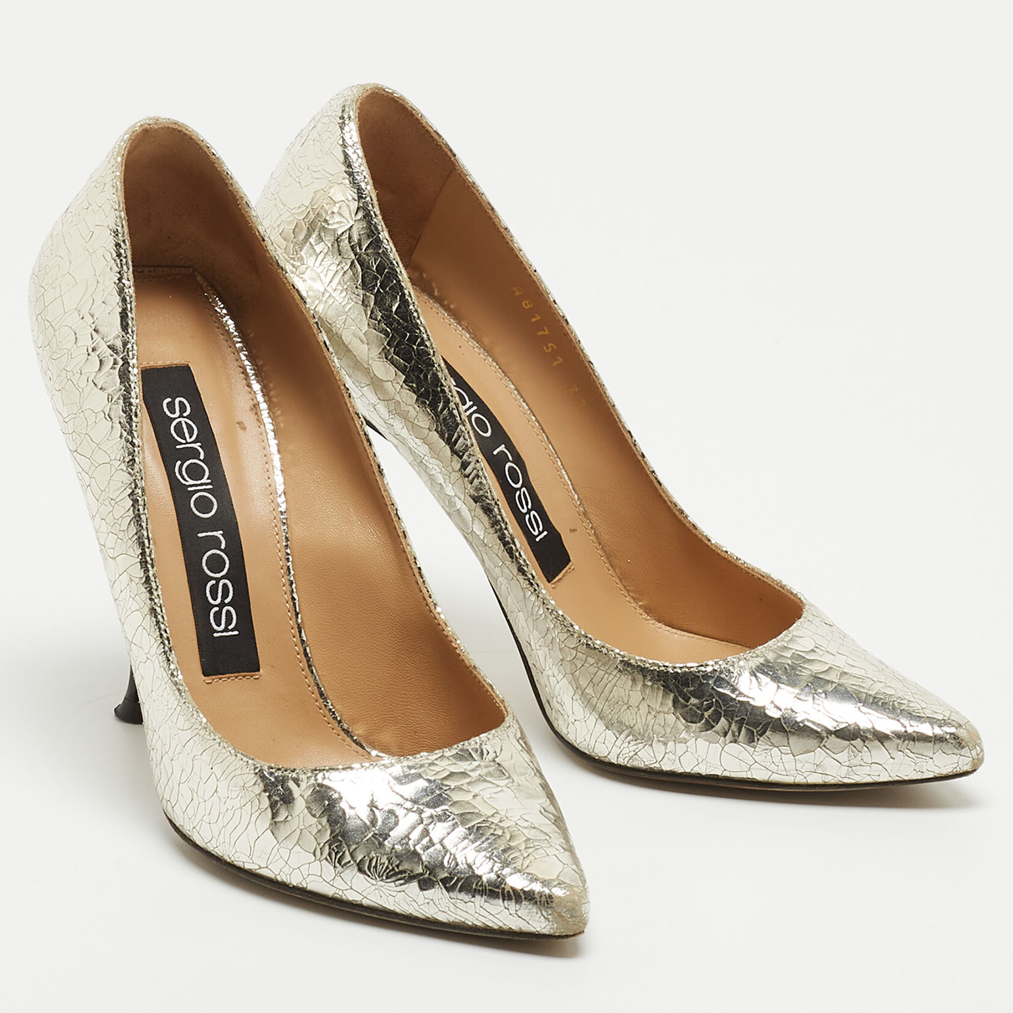 Sergio Rossi Silver Textured Leather Pointed Toe Pumps Size 37