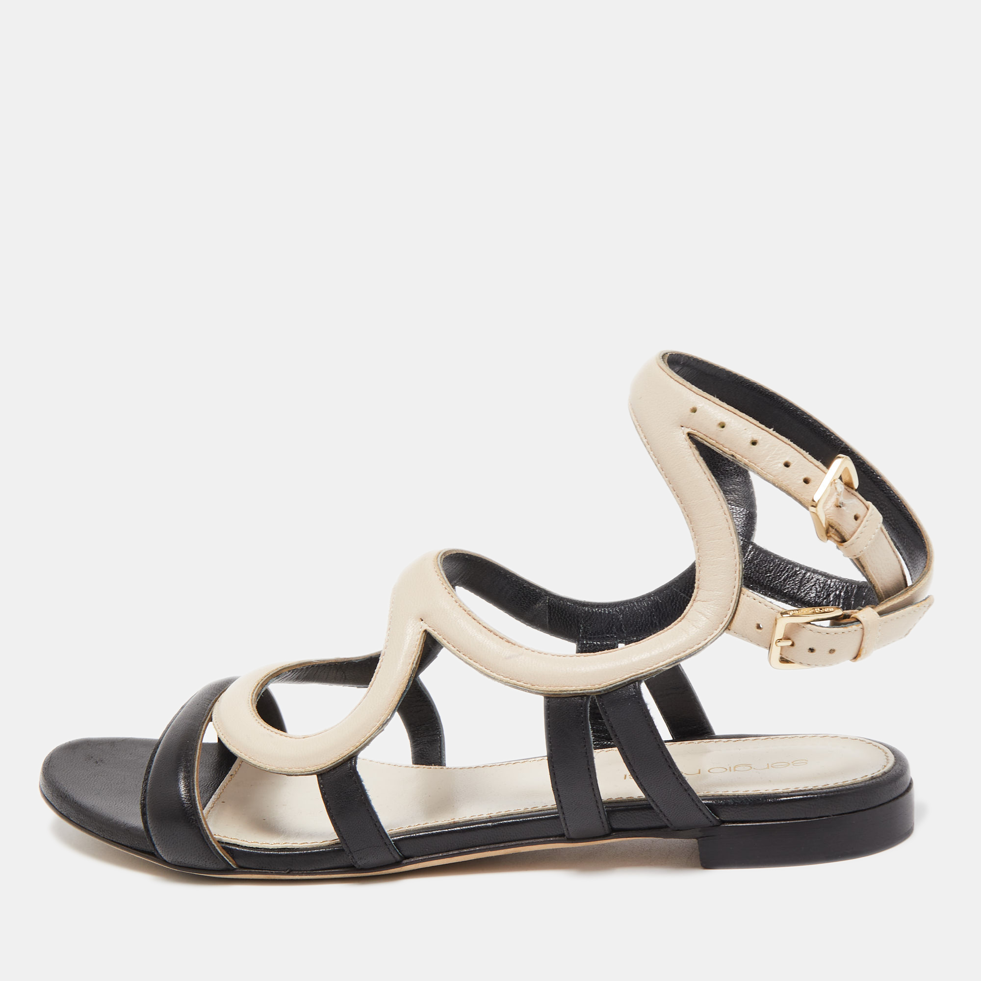 Sergio Rossi Black/Beige Leather Flat Ankle Strap Sandals Size 39