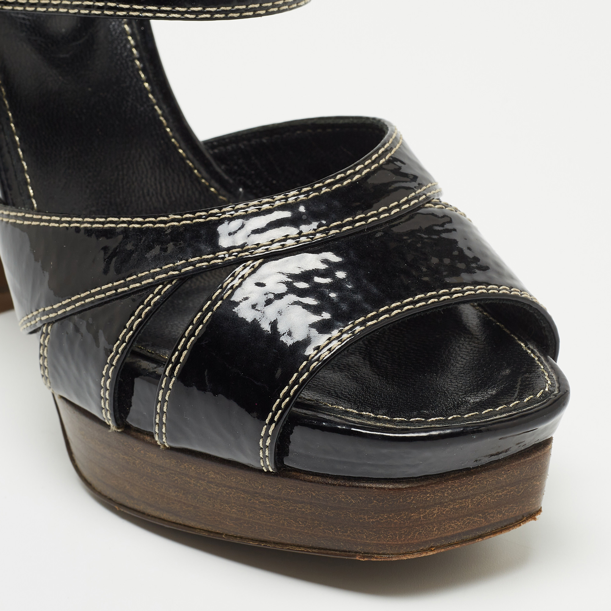 Sergio Rossi Black Patent Platform Ankle Strap Sandals Size 37.5