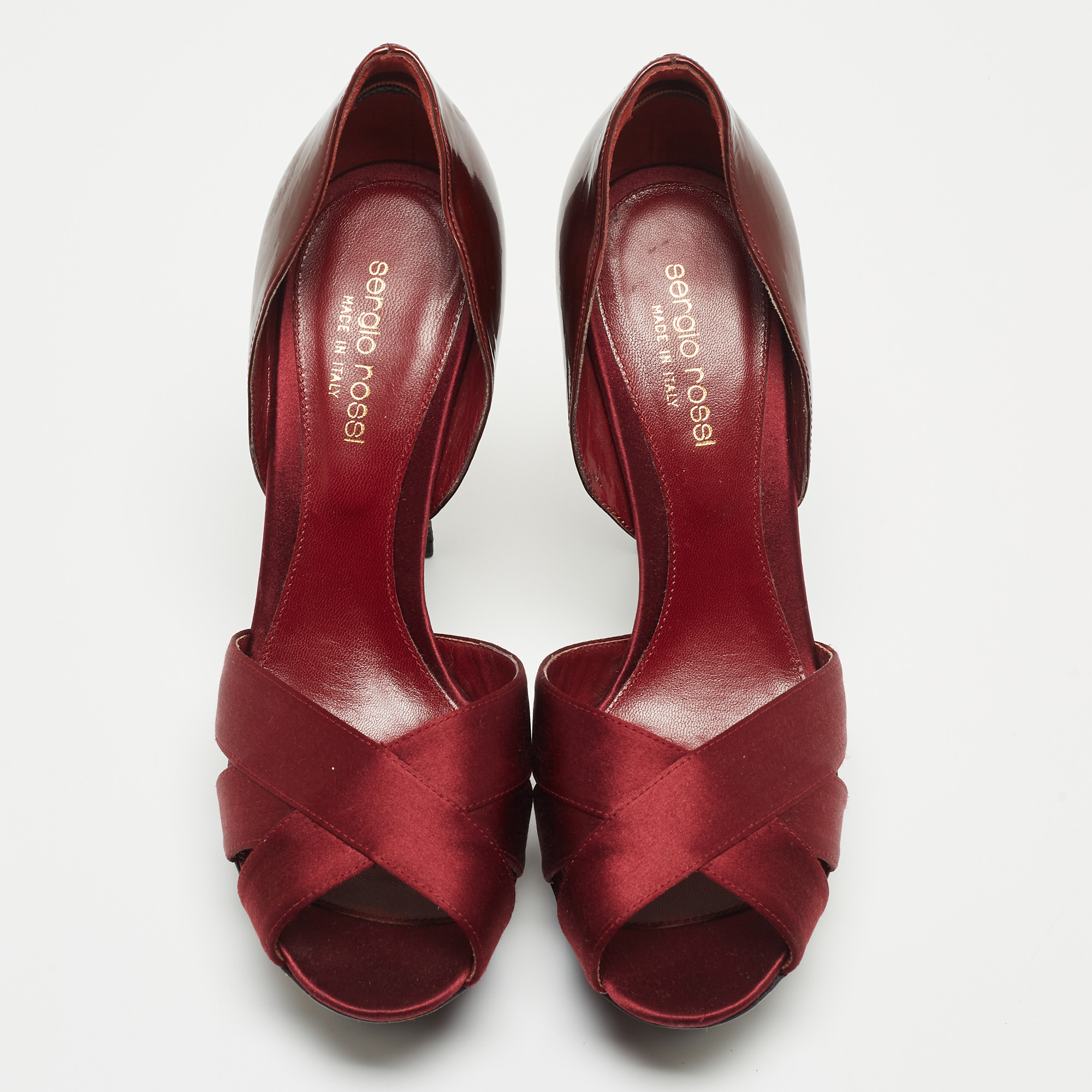 Sergio Rossi Burgundy Satin And Patent Leather Open Toe Platform D'orsay Pumps Size 38