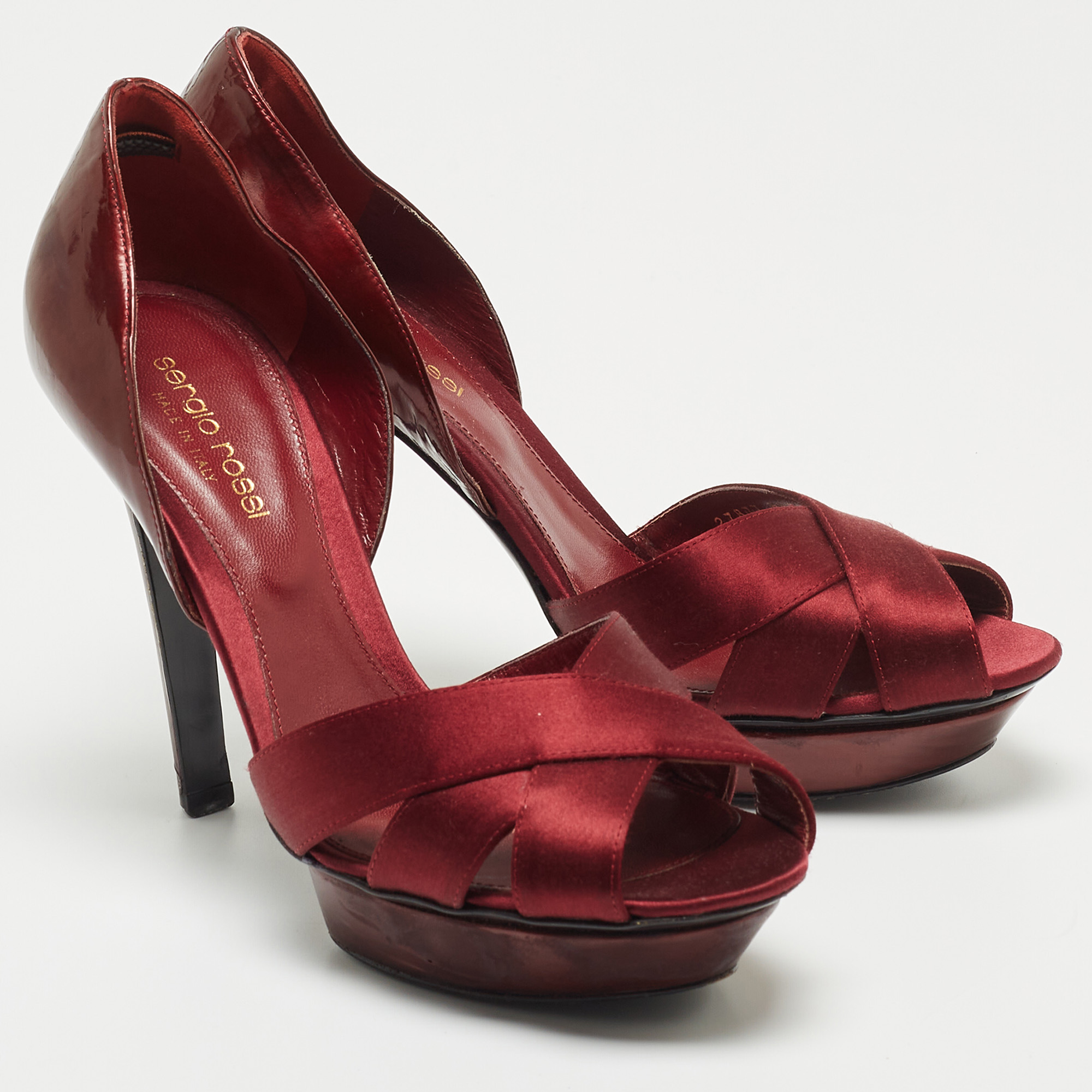 Sergio Rossi Burgundy Satin And Patent Leather Open Toe Platform D'orsay Pumps Size 38
