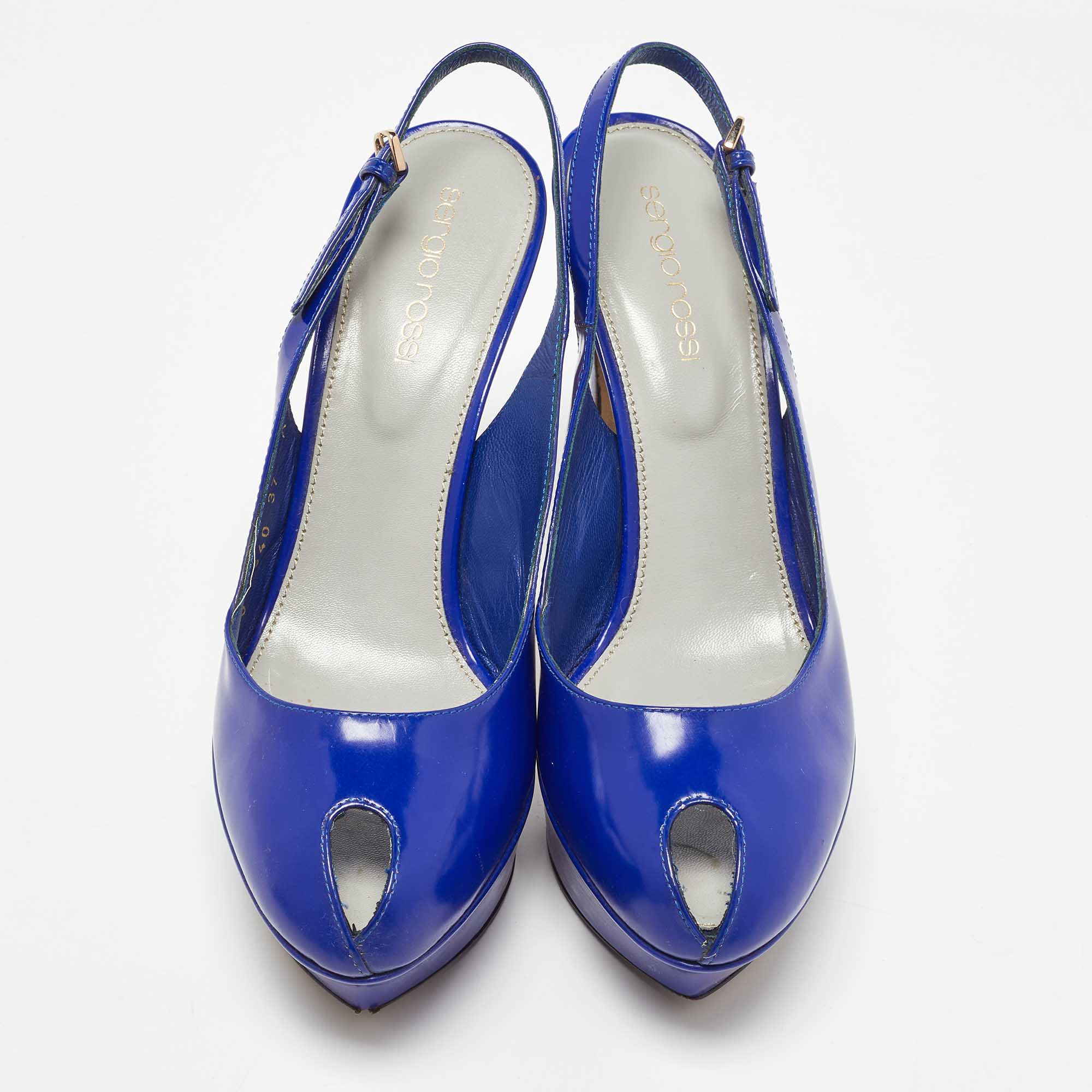 Sergio Rossi Blue Patent Leather Cachet Slingback Pumps Size 37