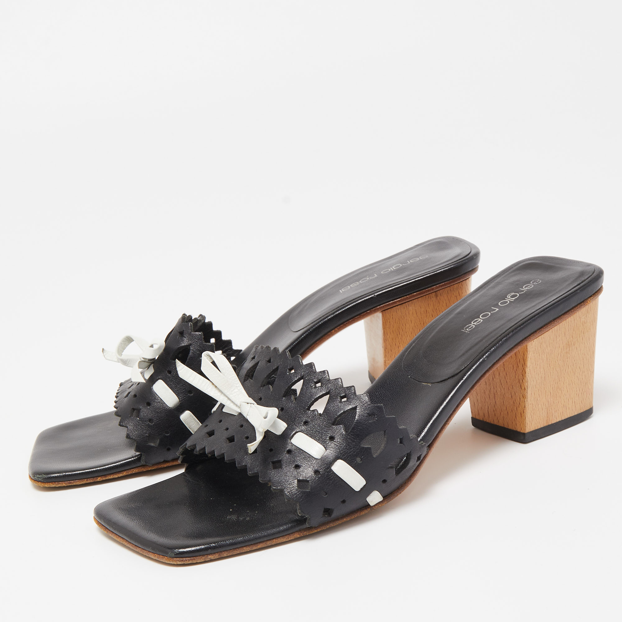 Sergio Rossi Black/White Laser Cut Leather Bow Detail Slide Sandals Size 37.5