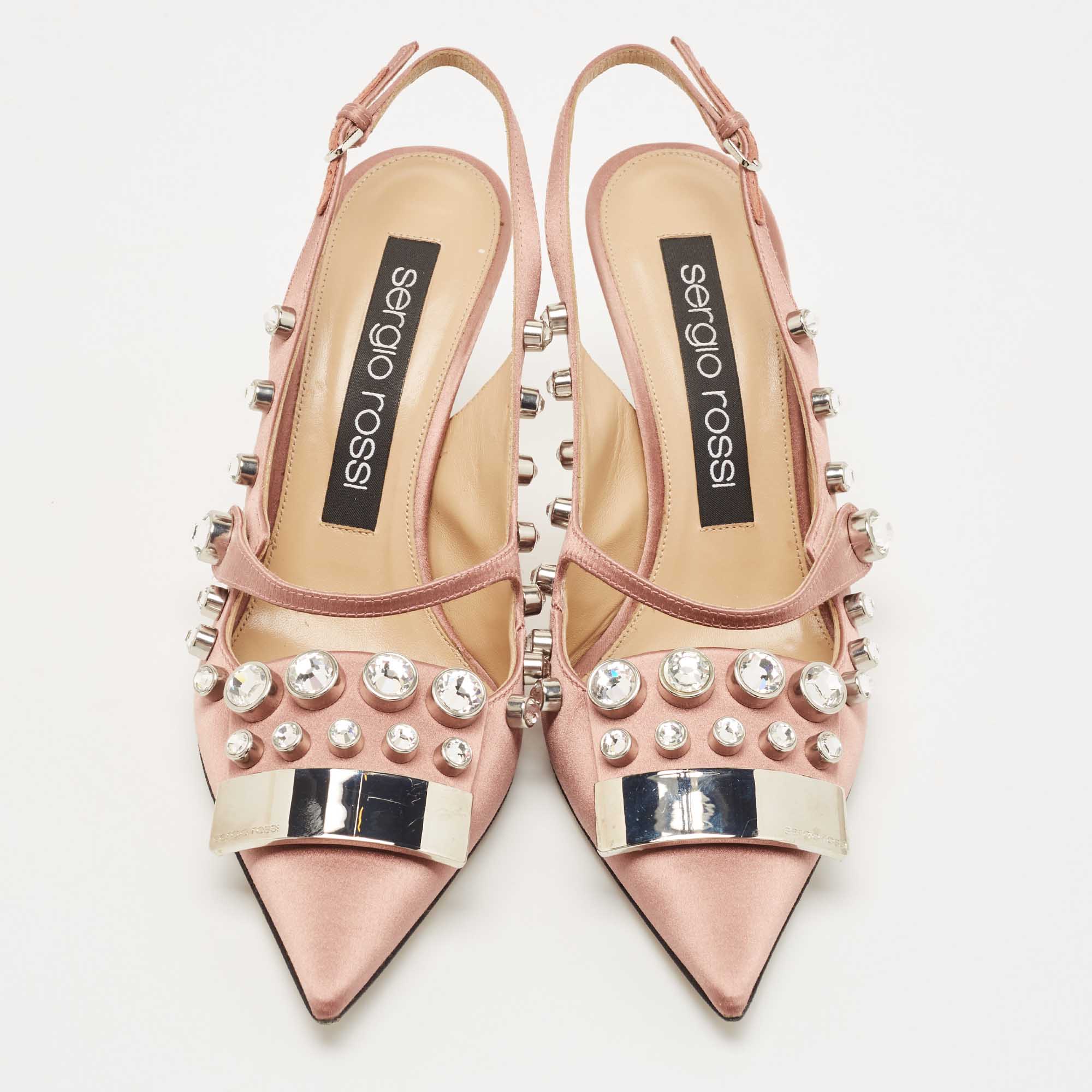 Sergio Rossi Pink Satin Crystal Studded Slingback Pumps Size 39