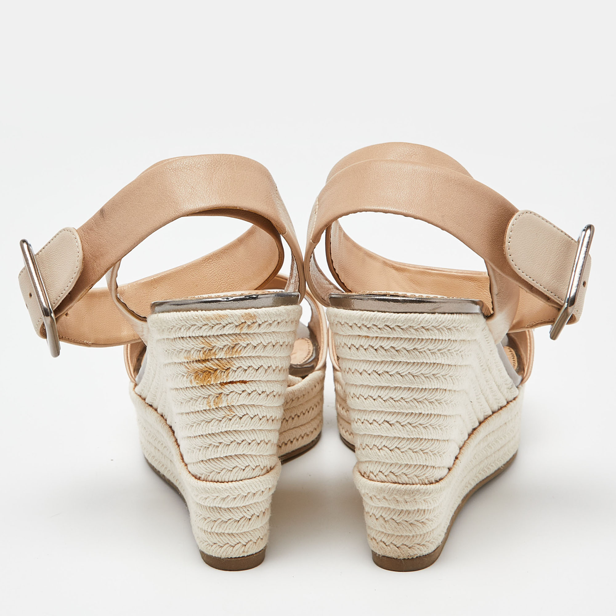 Sergio Rossi Beige Leather Espadrille Wedge Ankle Strap Sandals 39