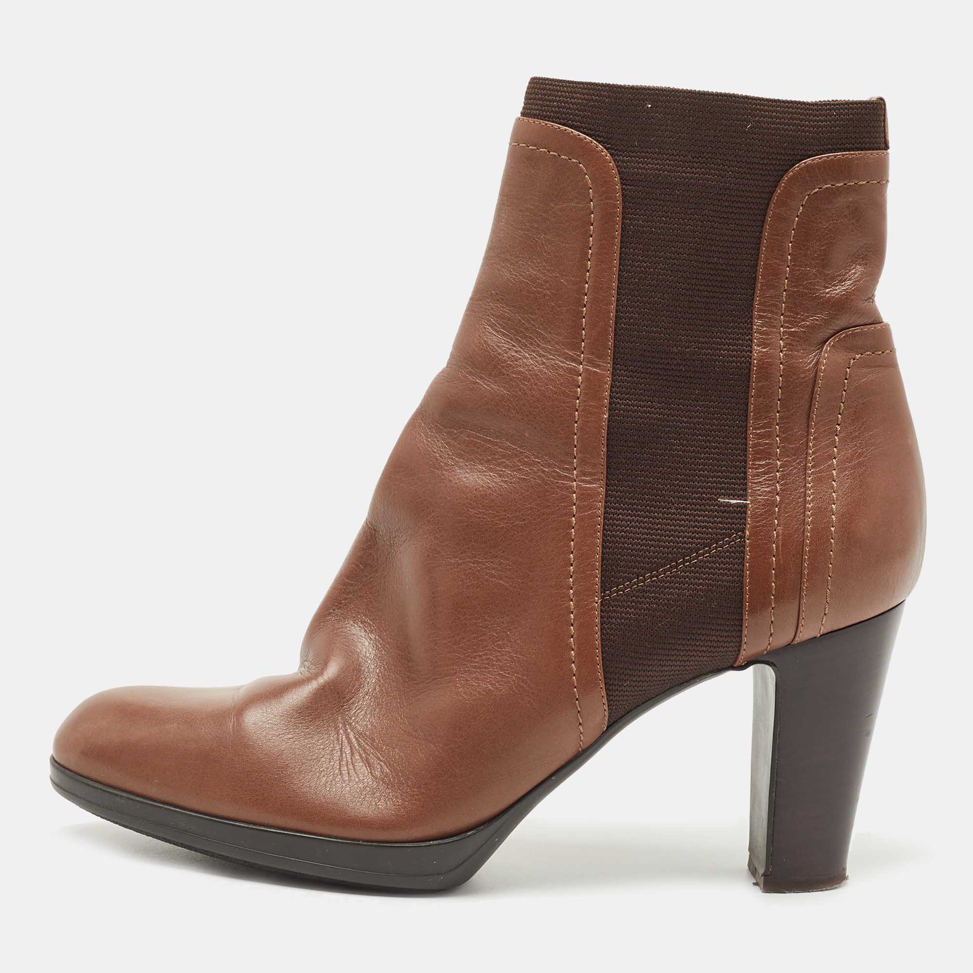 Sergio Rossi Brown Leather And Knit Fabric Ankle Boots Size 39