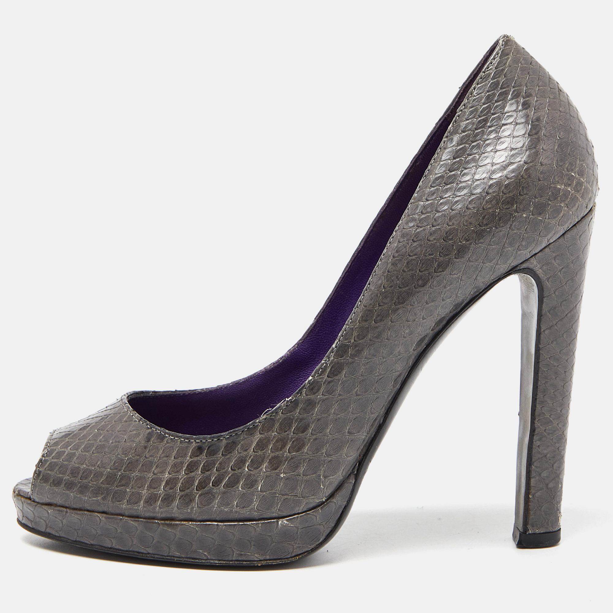 Sergio Rossi Grey Watersnake Leather Peep Toe Pumps Size 36.5