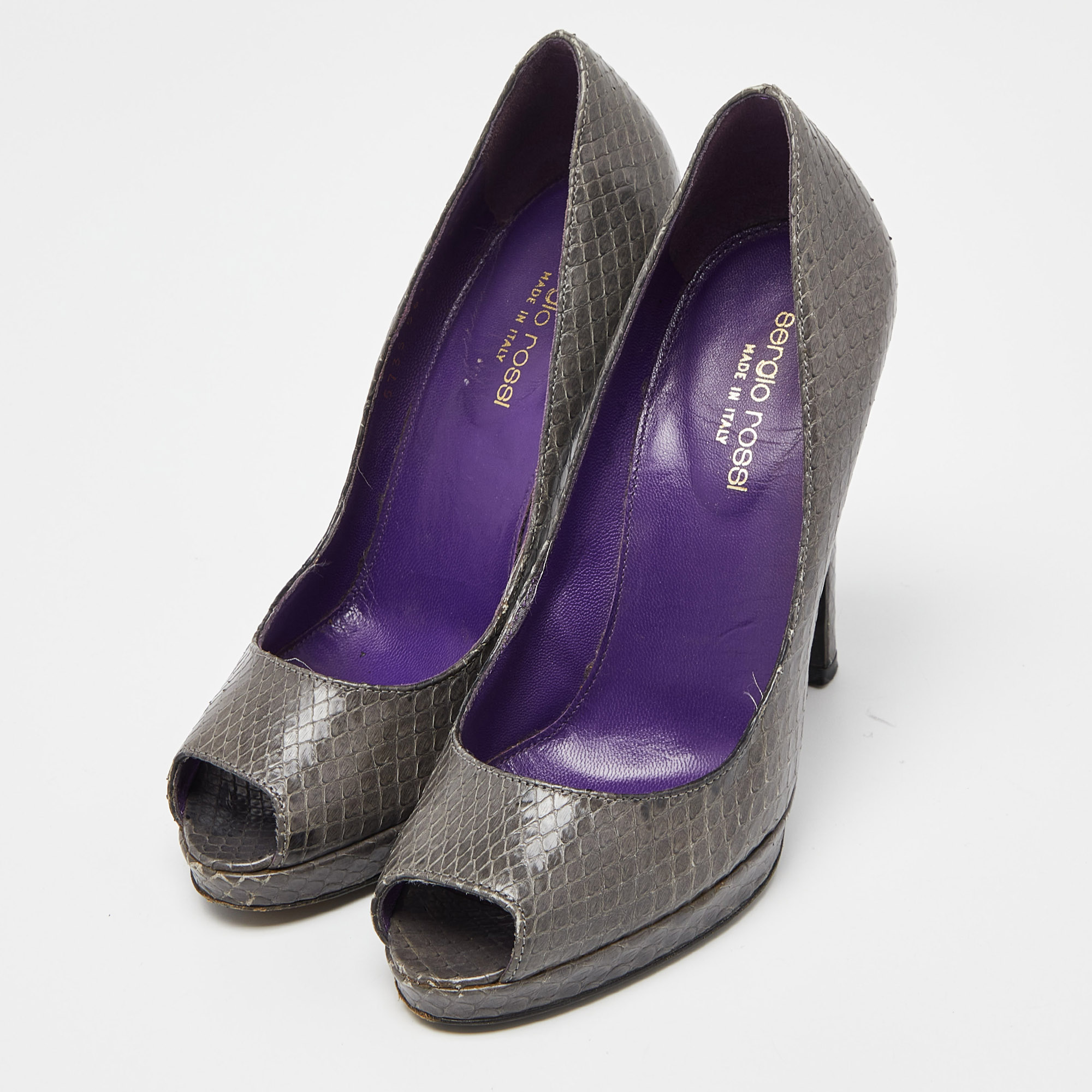 Sergio Rossi Grey Watersnake Leather Peep Toe Pumps Size 36.5