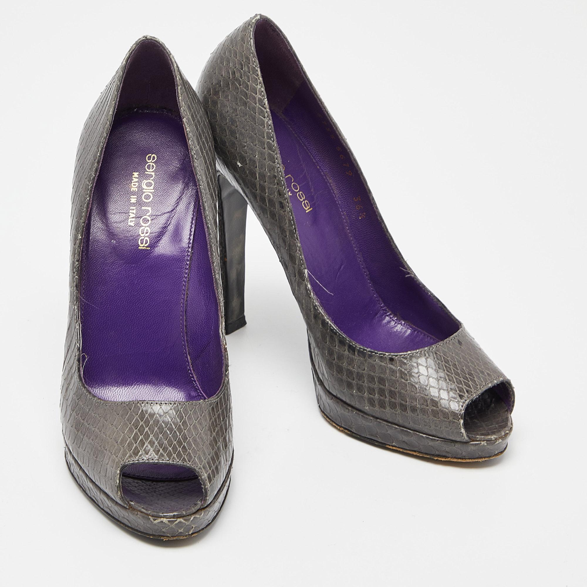 Sergio Rossi Grey Watersnake Leather Peep Toe Pumps Size 36.5