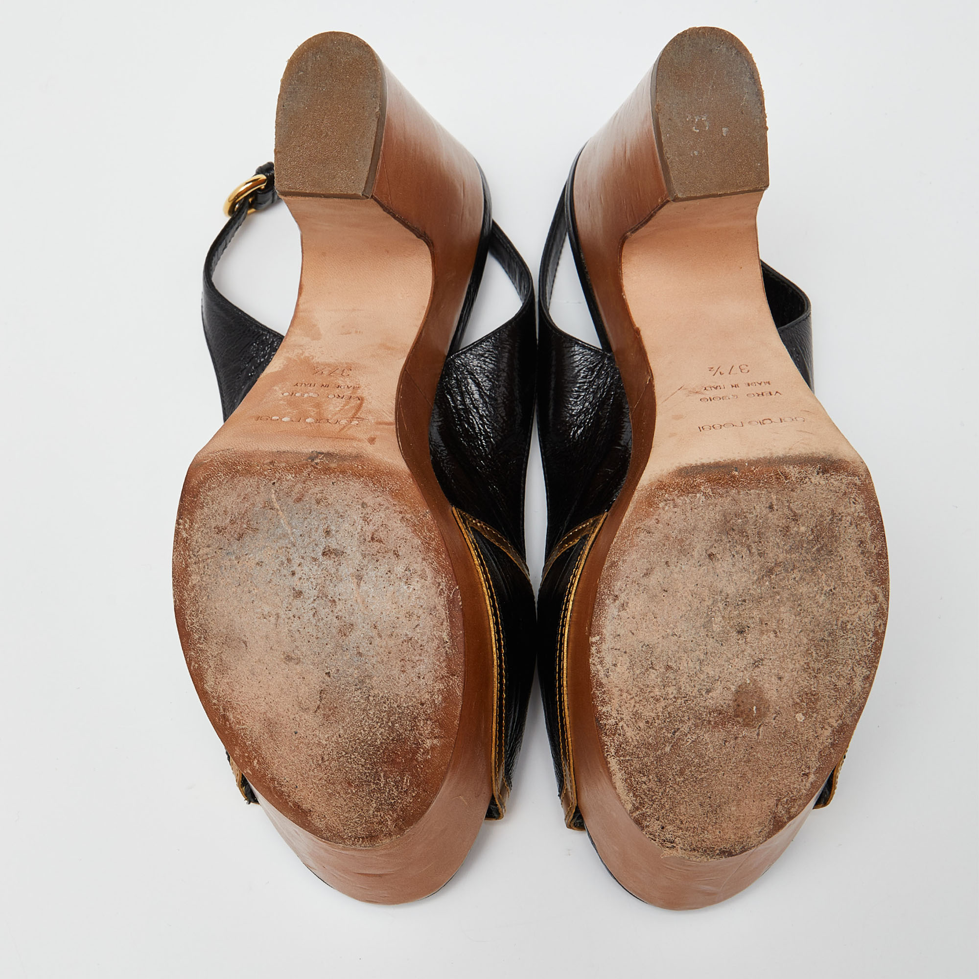 Sergio Rossi Black/Metallic Brown Leather Wooden Platform Open Toe Slingback Pumps Size 37.5
