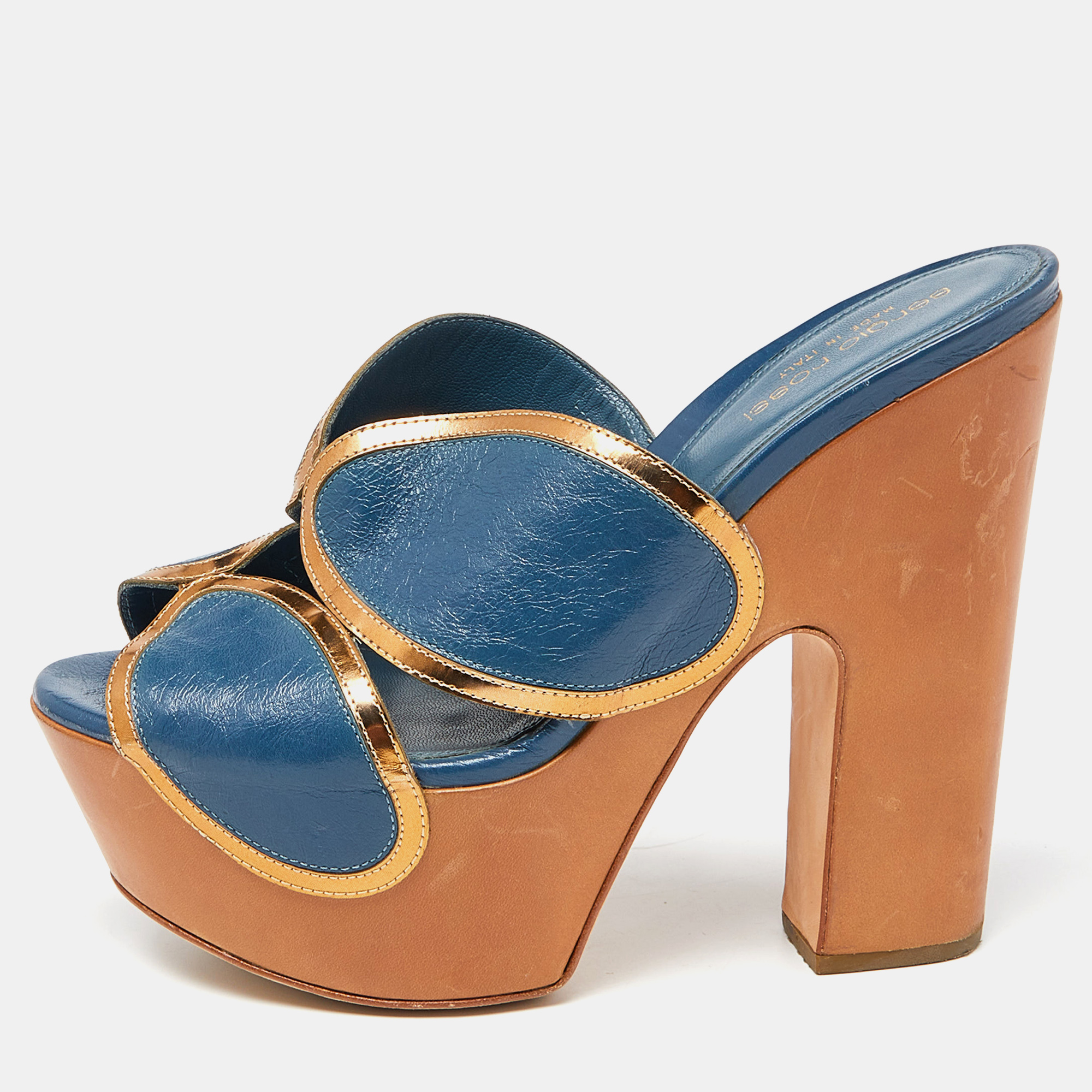Sergio Rossi Blue Leather Wooden Platform Slide Sandals Size 38