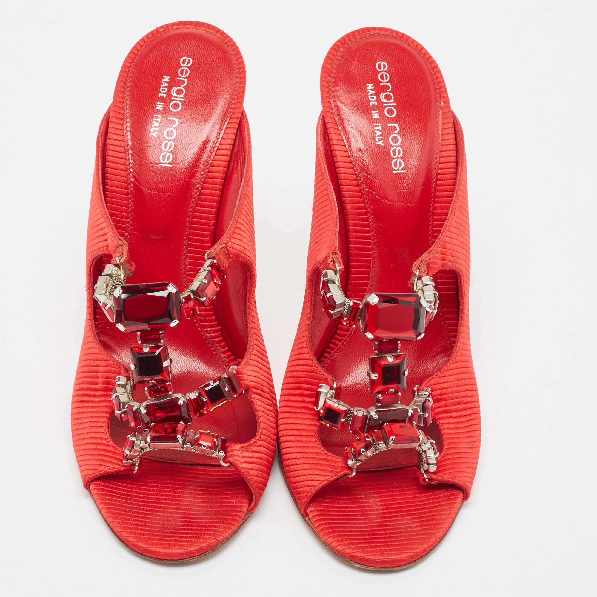 Sergio Rossi Red Fabric Crystal Embellished Slide Sandals Size 38