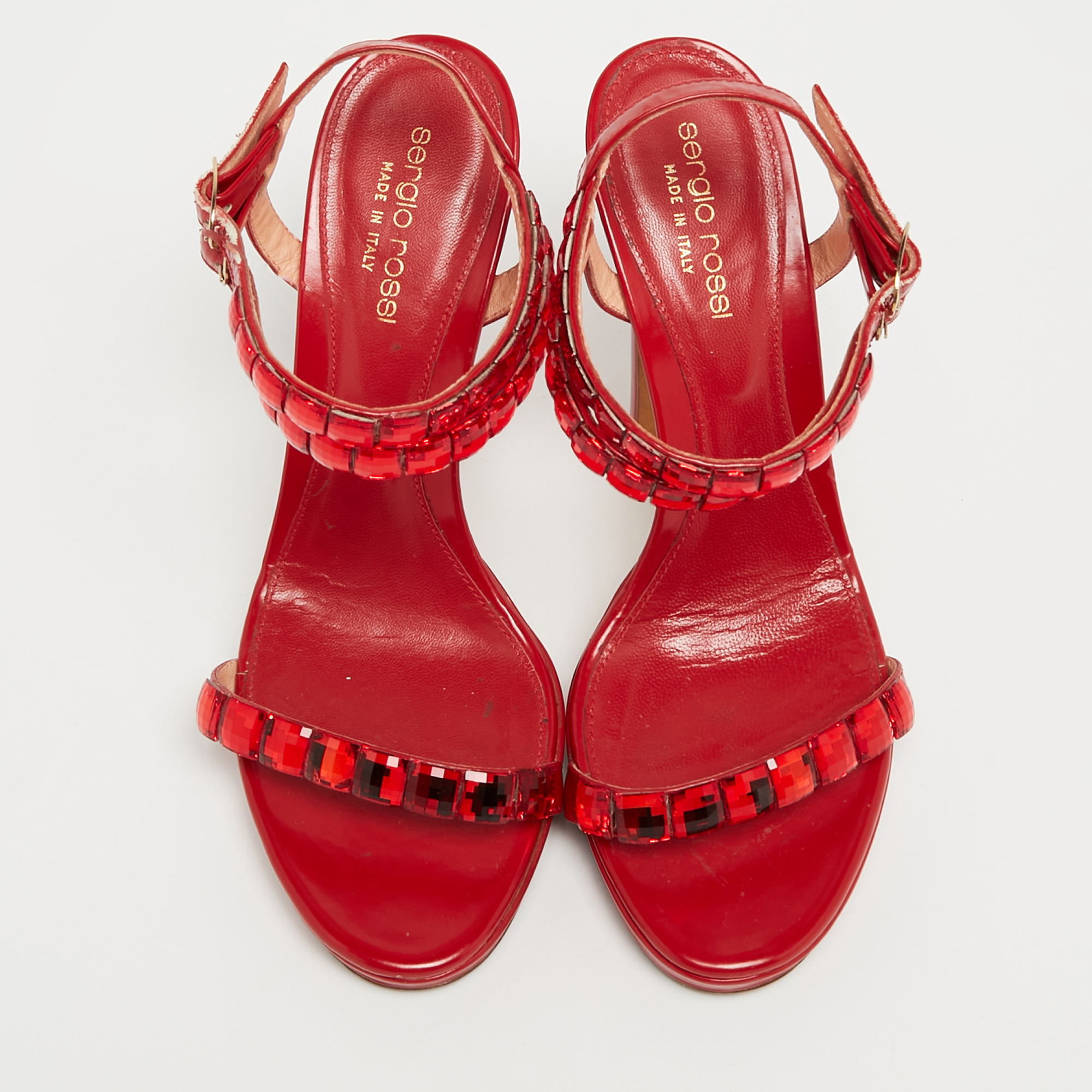 Sergio Rossi Red Leather Crystal Embellished Ankle Strap Sandals Size 37