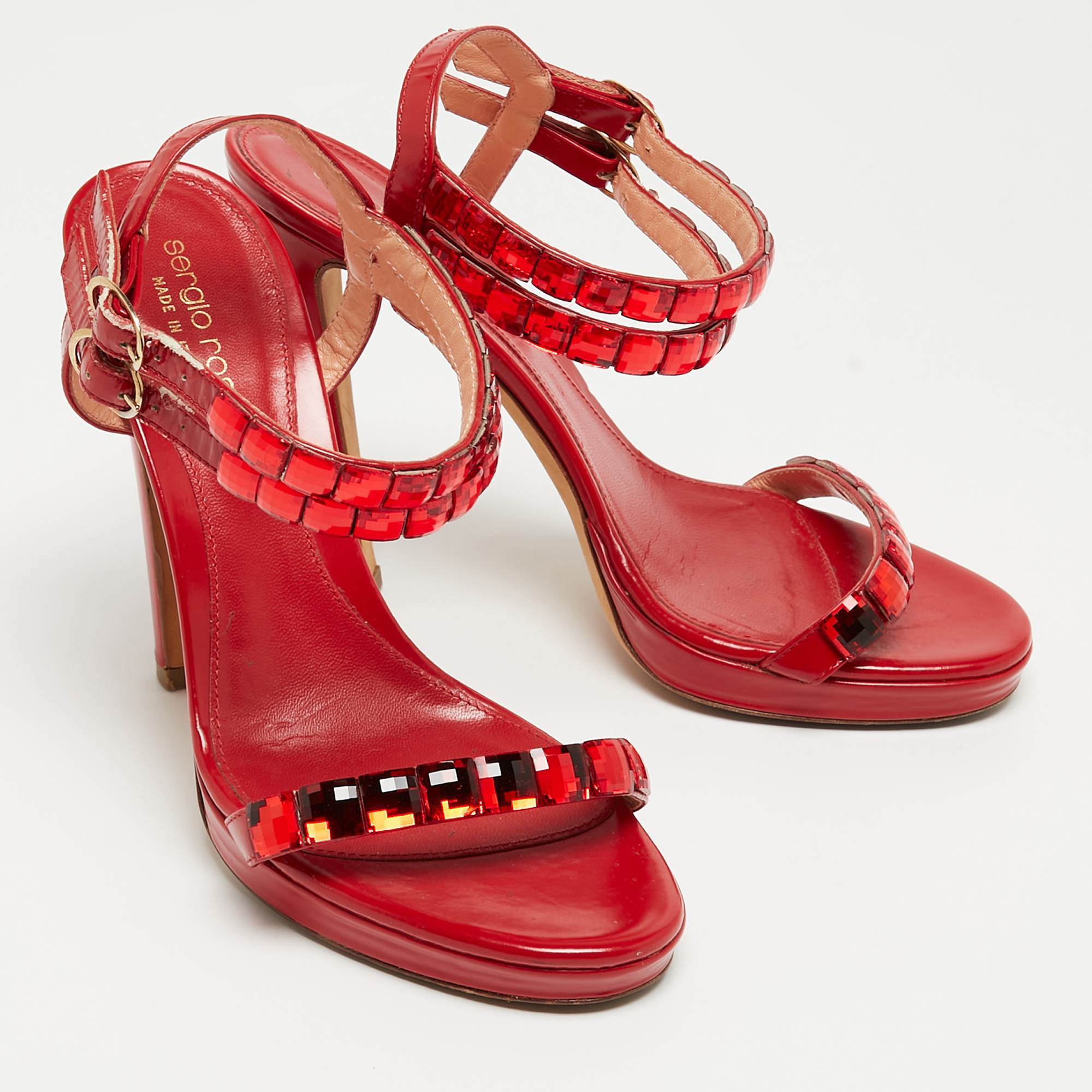 Sergio Rossi Red Leather Crystal Embellished Ankle Strap Sandals Size 37