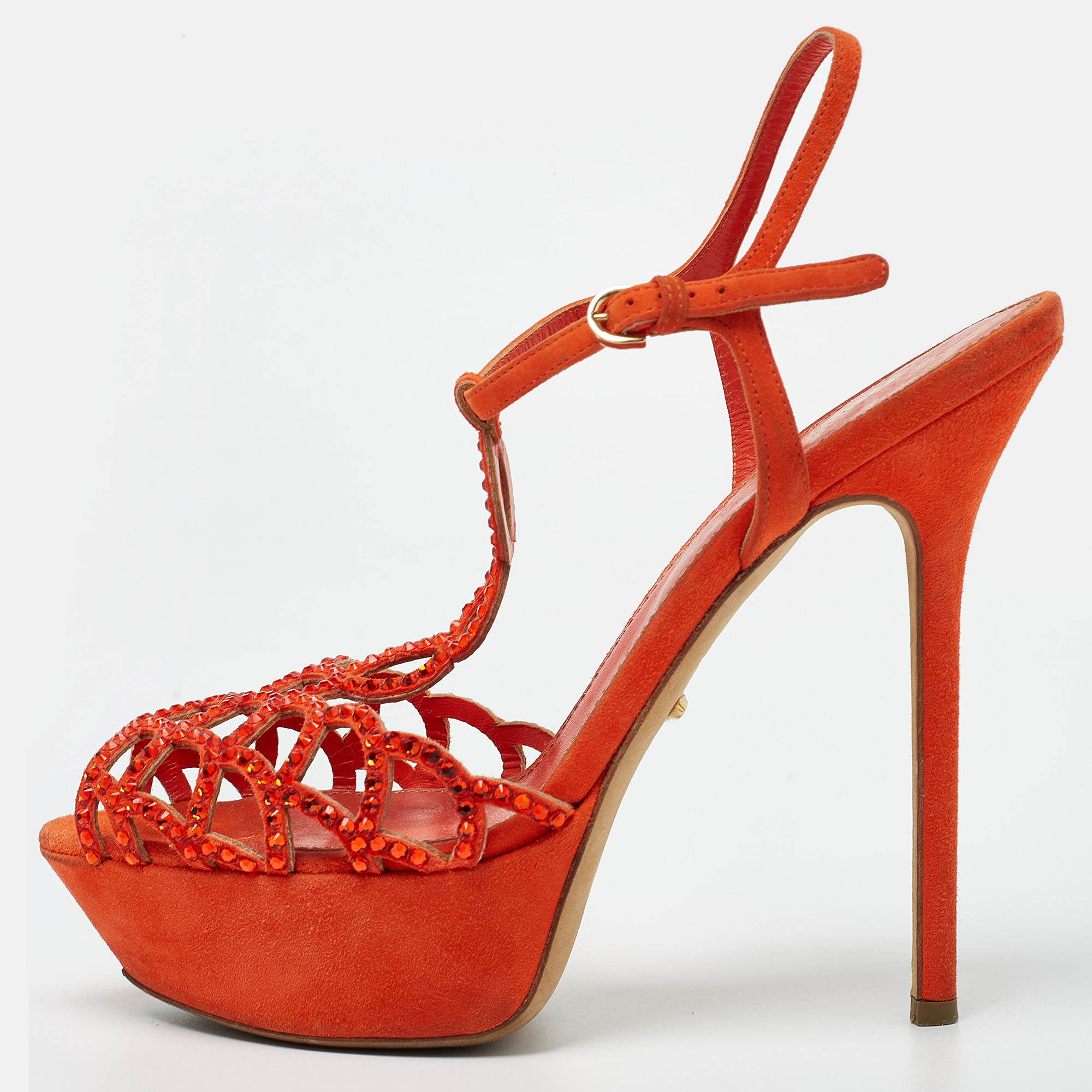 Sergio rossi orange suede and crystal embellished strappy scalloped platform sandals size 38.5