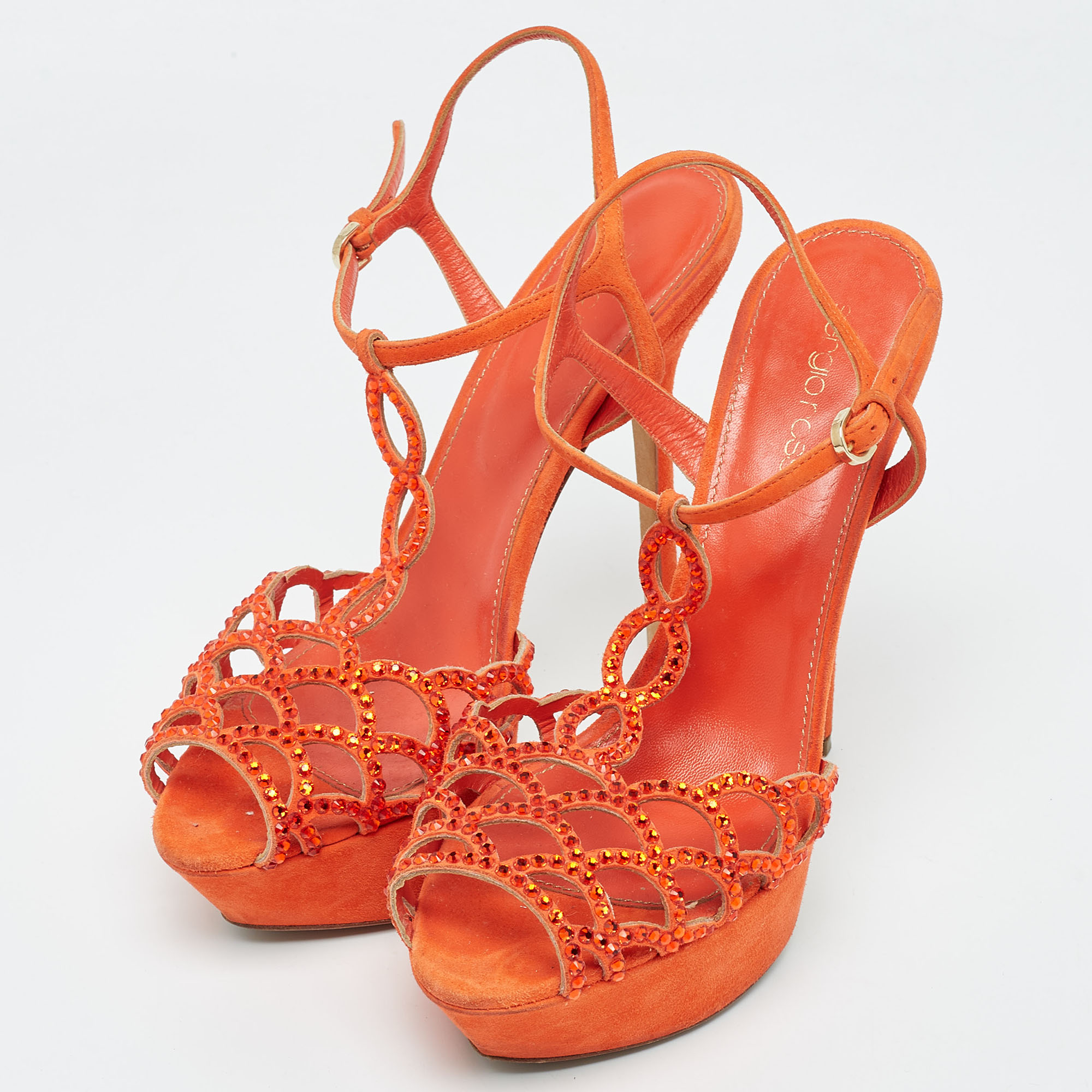 Sergio Rossi Orange Suede And Crystal Embellished Strappy Scalloped Platform Sandals Size 38.5