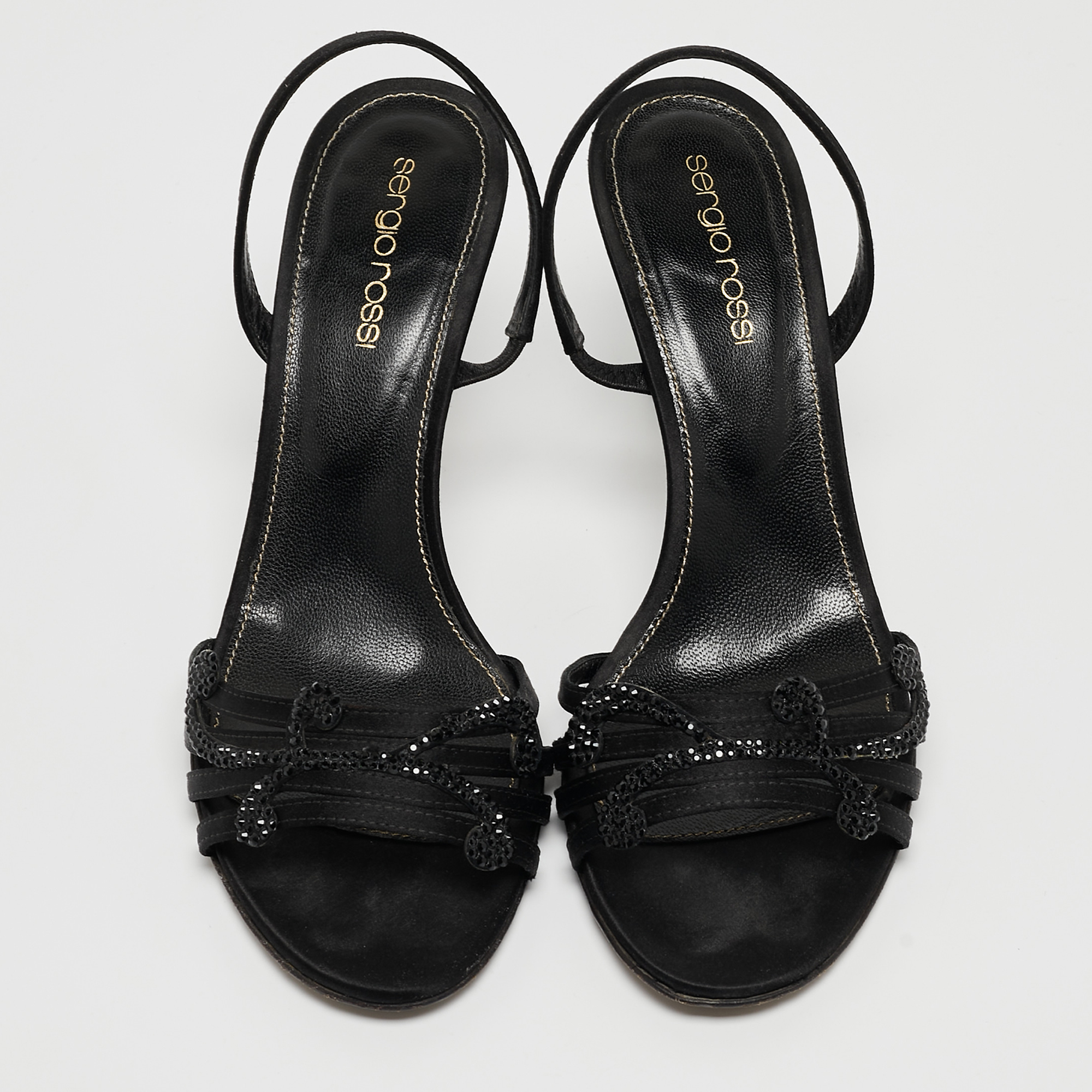 Sergio Rossi Black Satin Embellished Sandals Size 36.5