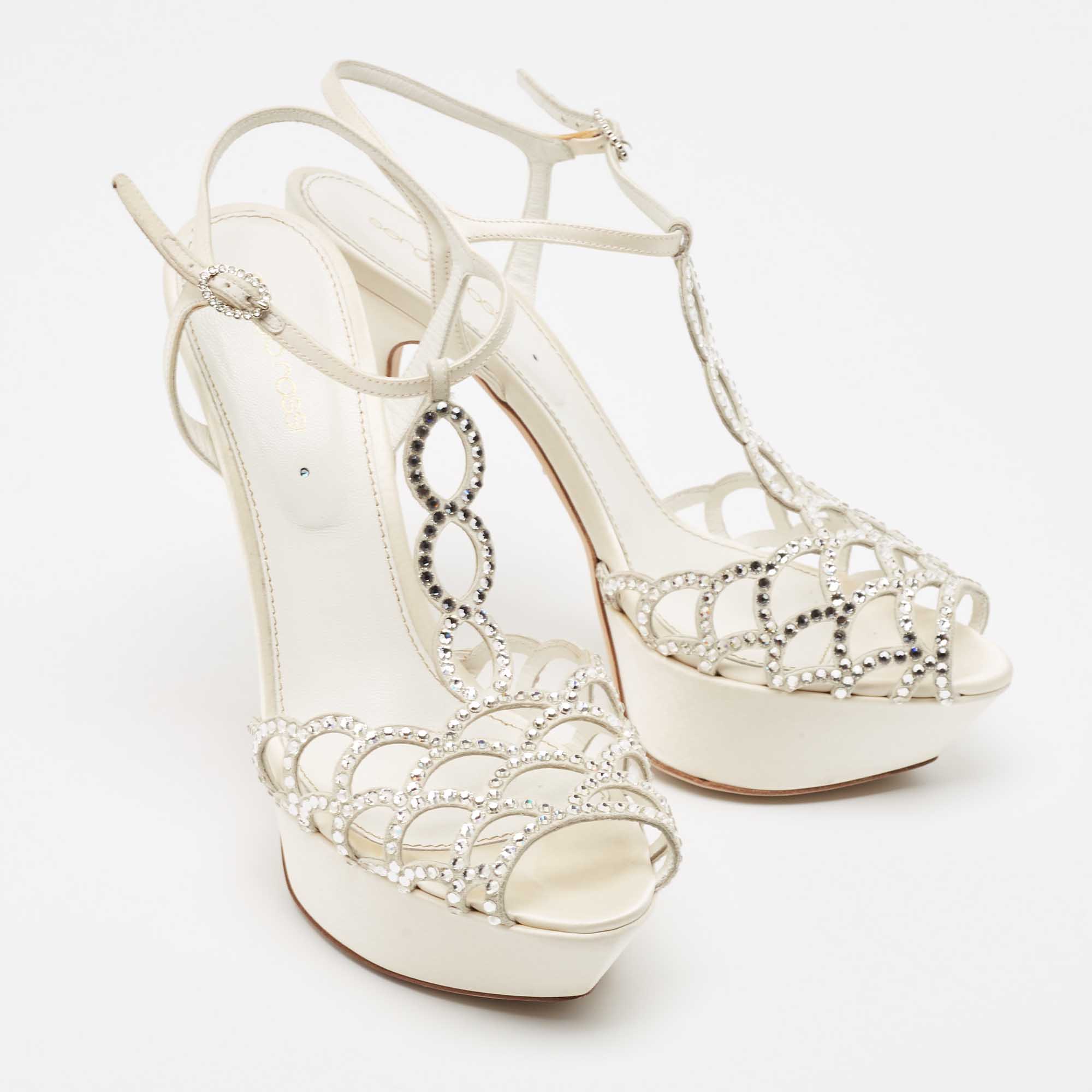 Sergio Rossi White Satin And Suede Crystal Embellished Strappy Scalloped Platform Sandals Size 40