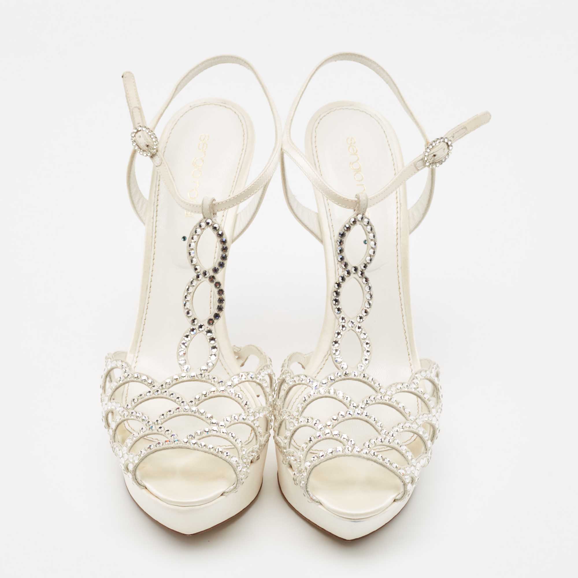 Sergio Rossi White Satin And Suede Crystal Embellished Strappy Scalloped Platform Sandals Size 40