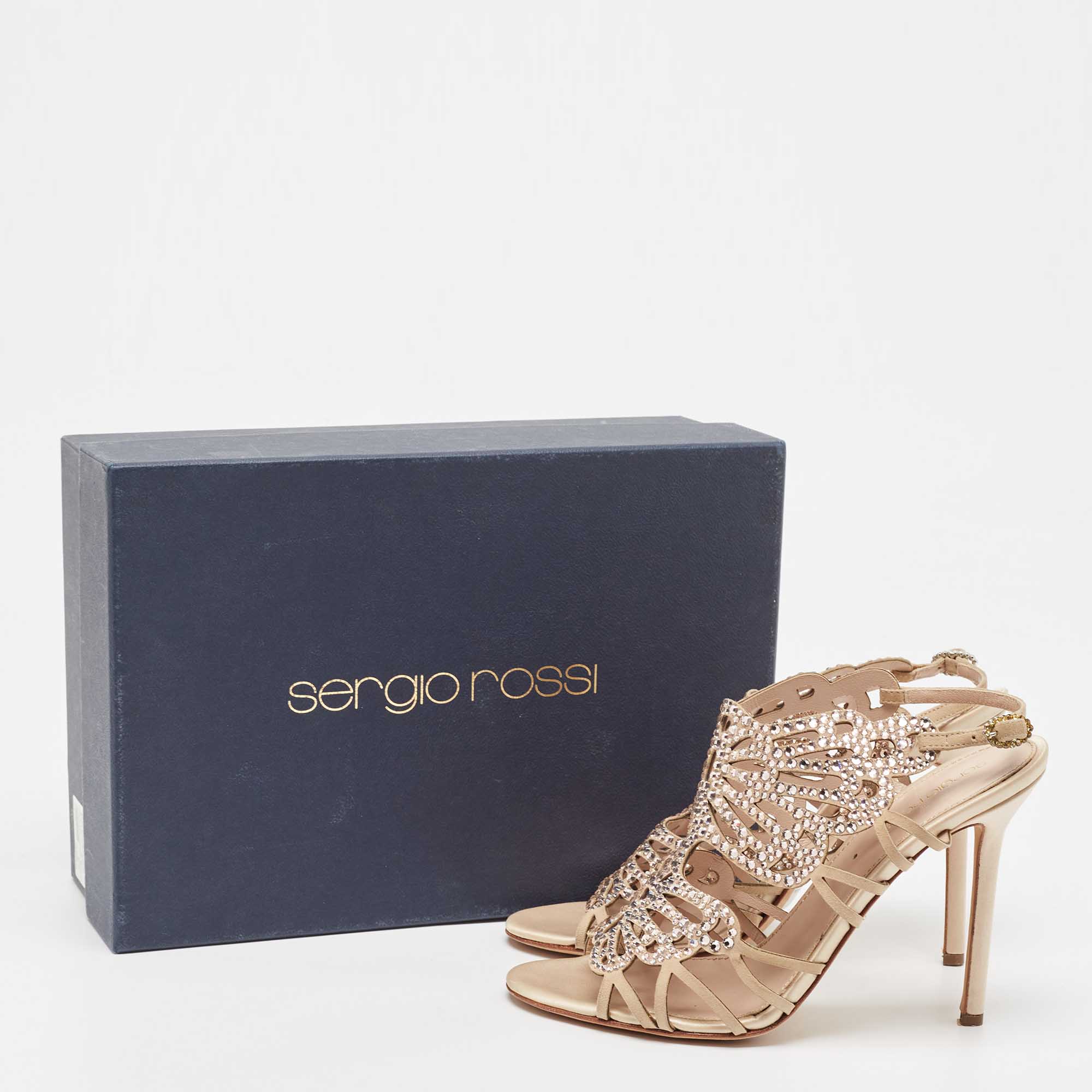 Sergio Rossi Beige Suede Crystal Embellished Slingback Sandals Size 39