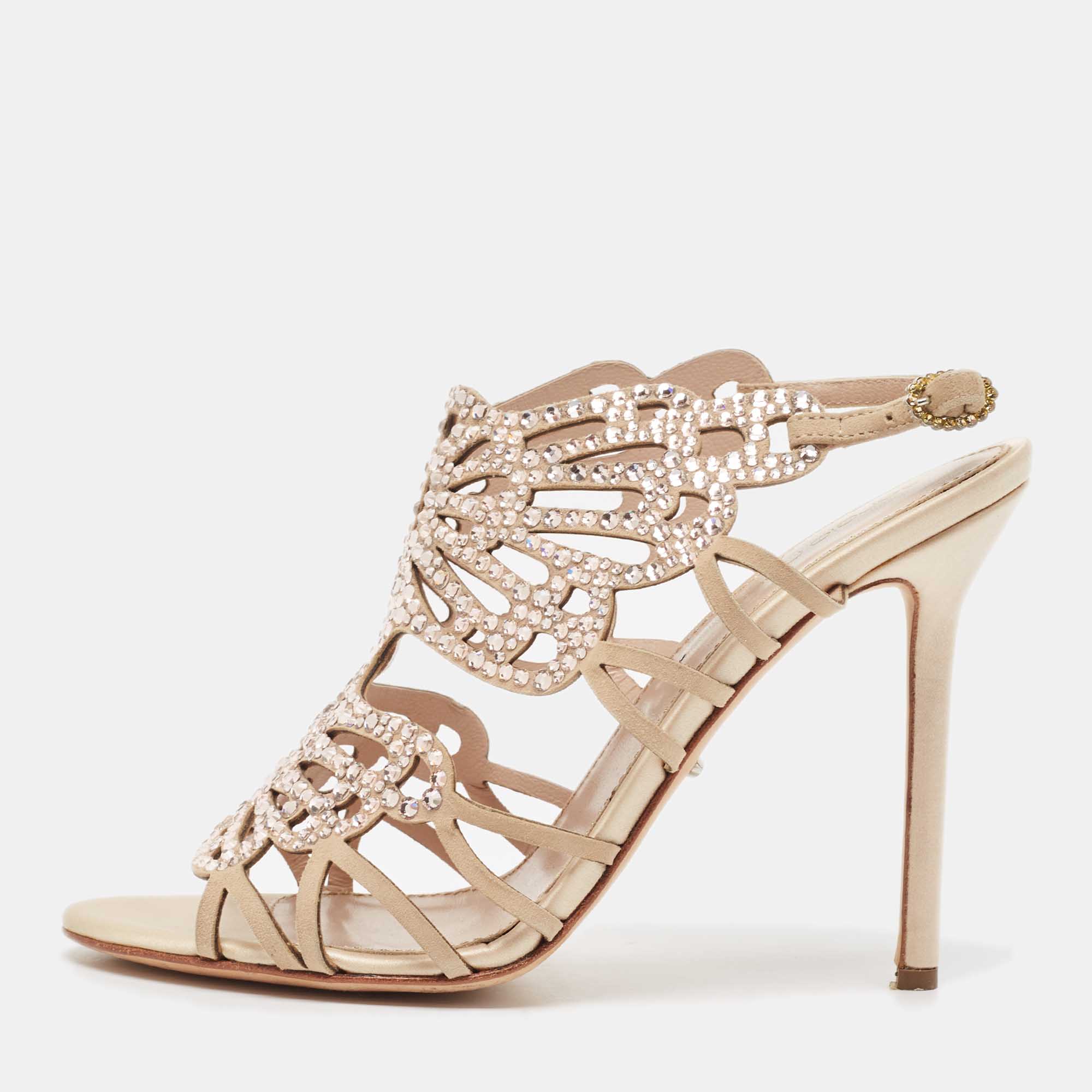 Sergio Rossi Beige Suede Crystal Embellished Slingback Sandals Size 39