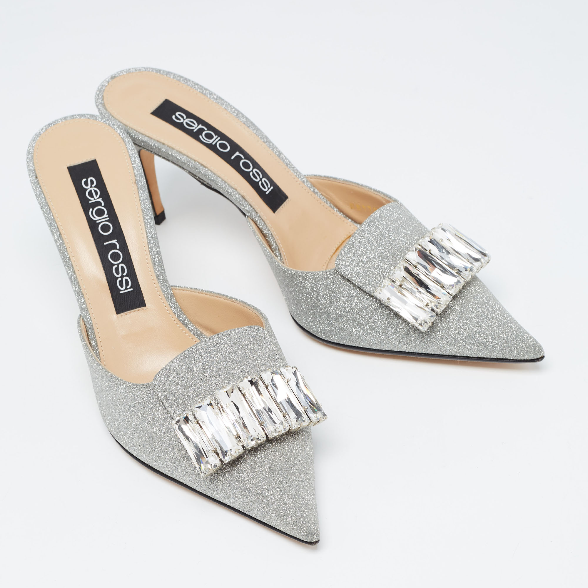 Sergio Rossi Silver Glitter Crystal Embellished Mules Size 40