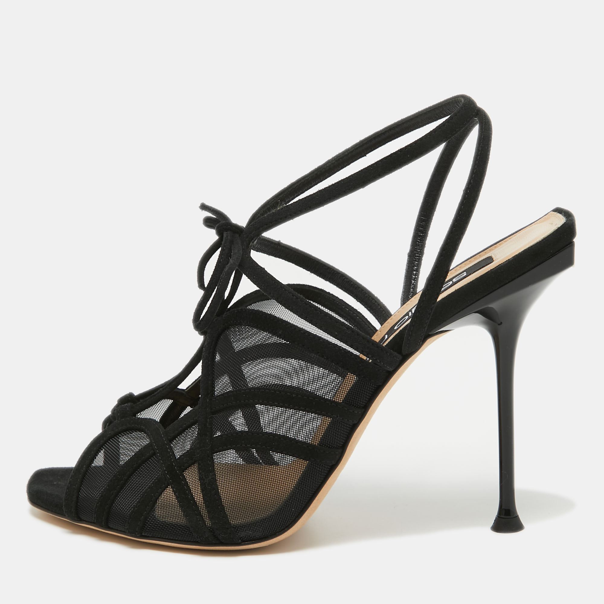 Sergio Rossi Black Suede And Mesh Ankle Strap Sandals Size 40