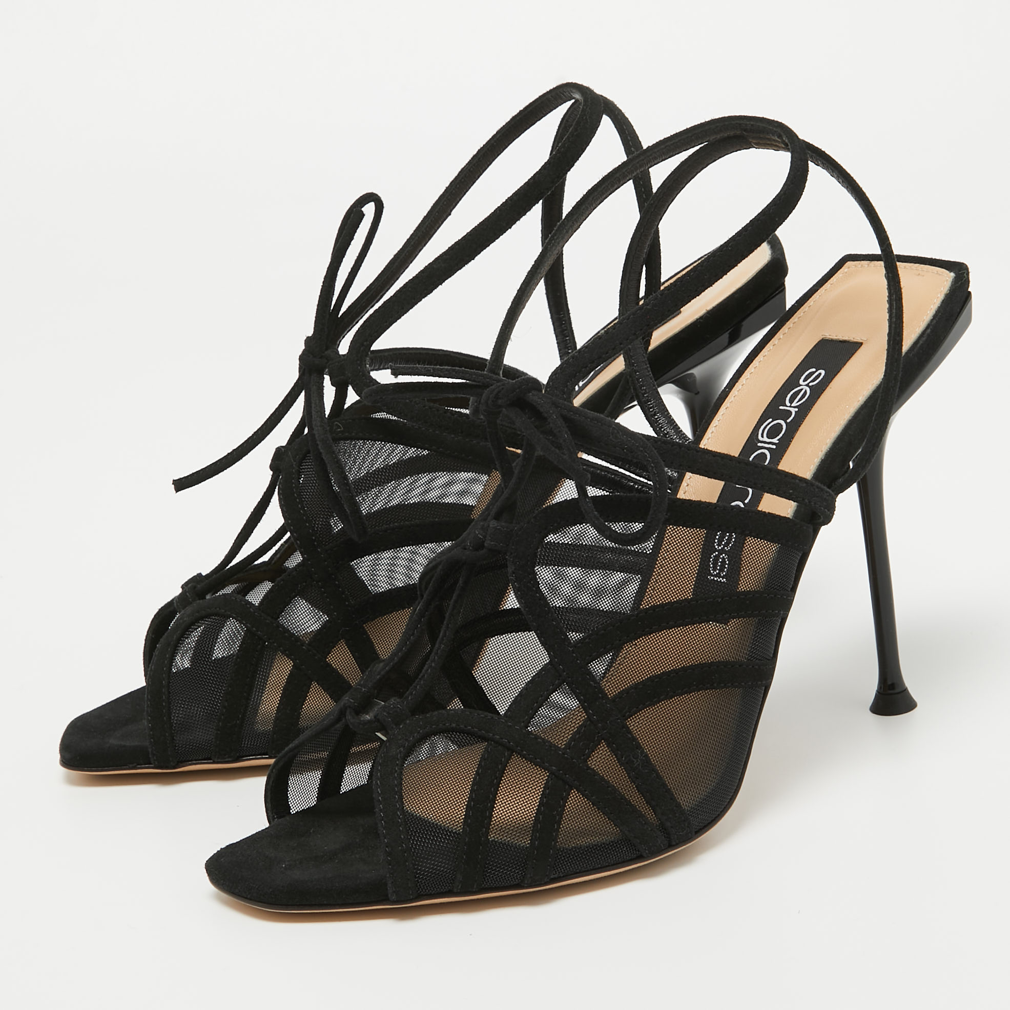 Sergio Rossi Black Suede And Mesh Ankle Strap Sandals Size 40