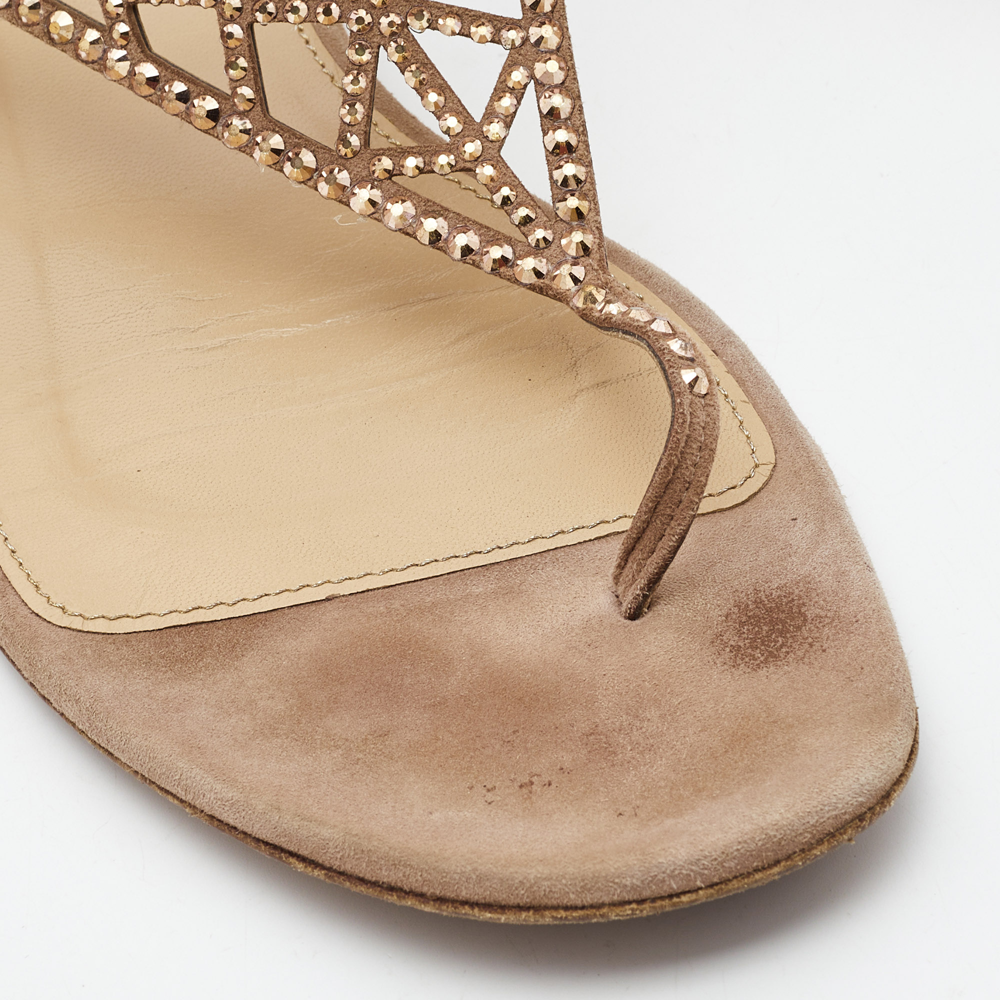Sergio Rossi Beige Crystal Embellished Suede Thong Flat Sandals Size 40