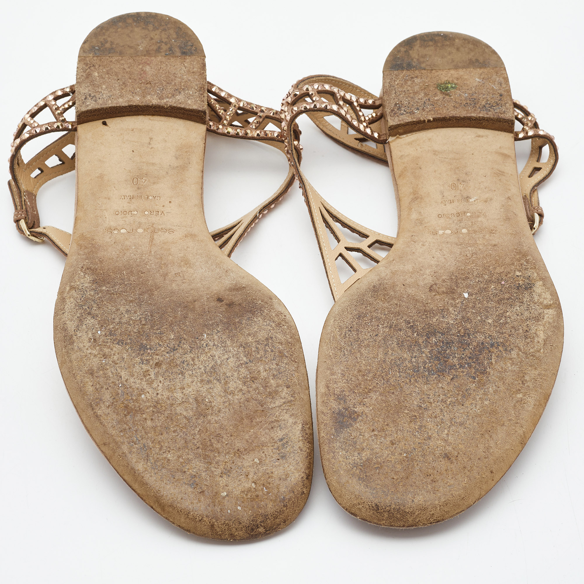 Sergio Rossi Beige Crystal Embellished Suede Thong Flat Sandals Size 40