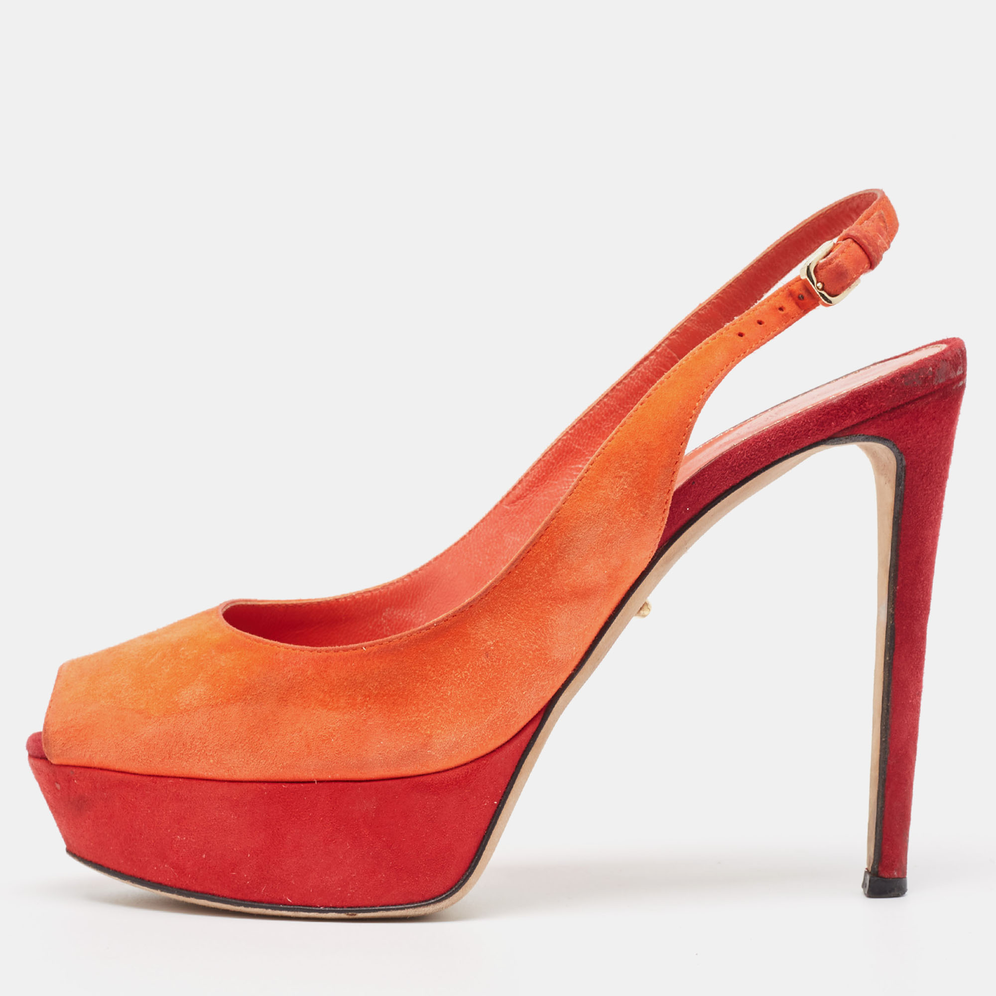 Sergio rossi orange suede peep toe slingback pumps size 37.5