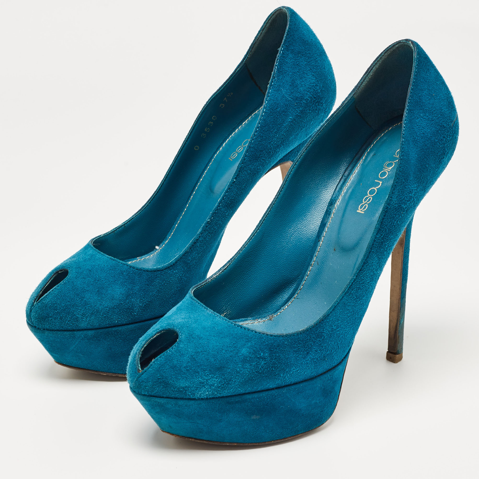 Sergio Rossi Blue Suede Peep Toe Platform Pumps Size 37.5