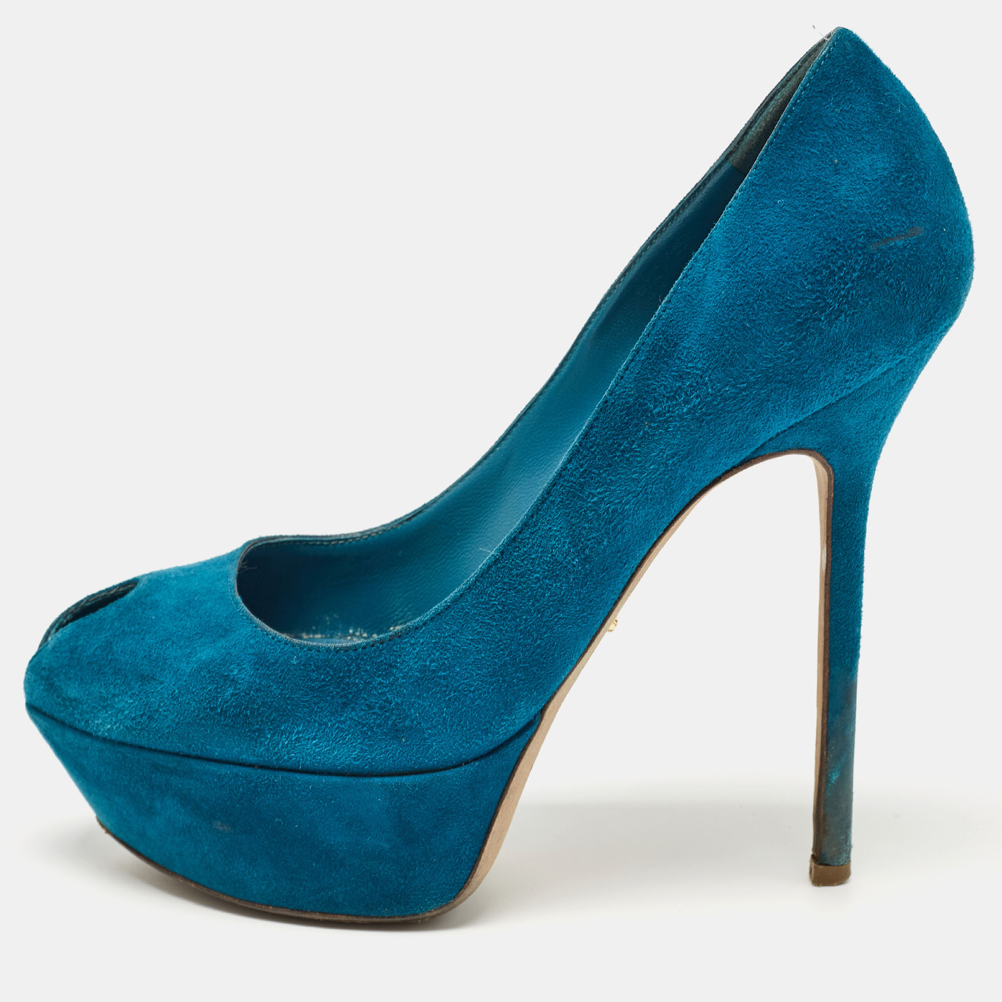 Sergio rossi blue suede peep toe platform pumps size 37.5