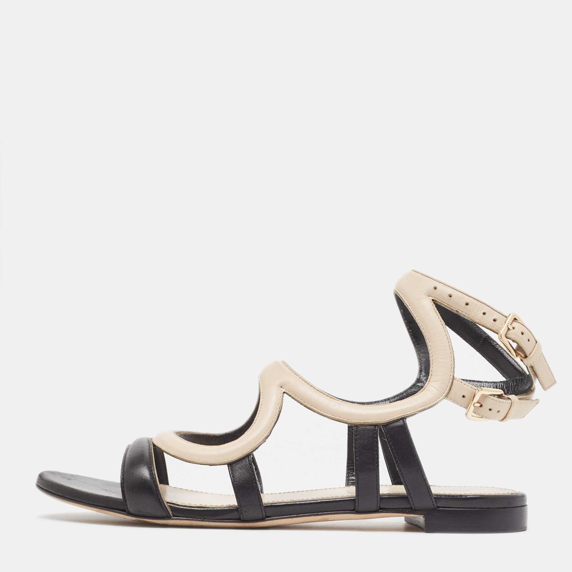 Sergio rossi black/cream leather flat ankle strap sandals size 39